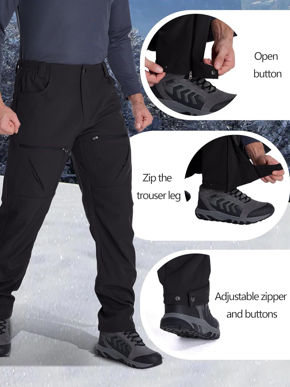 Men's Fleece Lined Waterproof Ski Pants, Insulated Mens Snow Winter Pants for Cold Weather, Outdoor Soft-Shell Pant