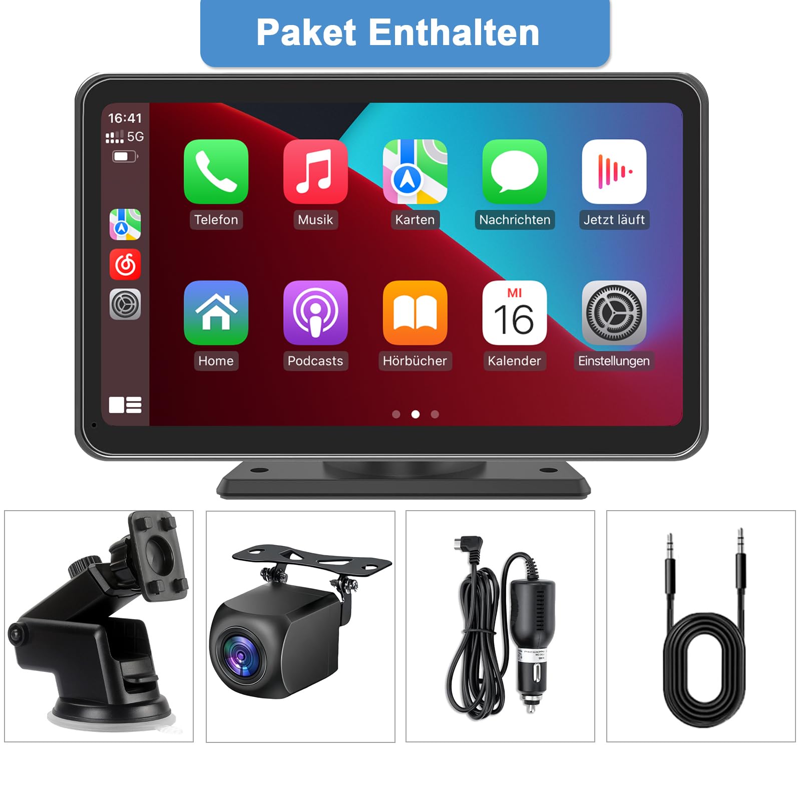 Tragbare CarPlay Display, Wireless Android Auto Monitor, IPS Touchscreen Bildschirm mit Rückfahrkamera, Bluetooth-Freisprecheinrichtung, Siri, Sprachassistent, GPS Navigation, MirrorLink, FM (7 Zoll)