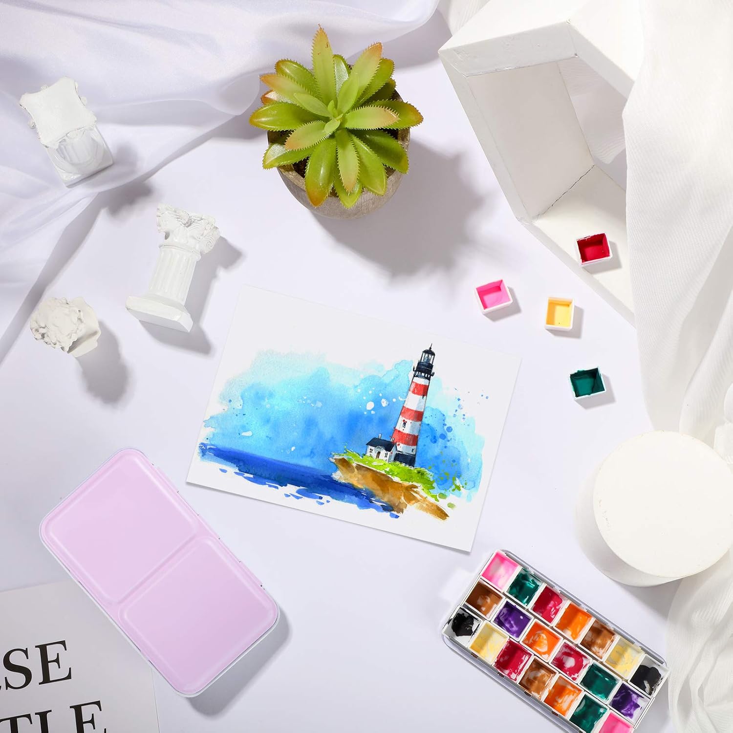 Zonon 51 Pcs Watercolor Paint Palette and Half Pans Set Watercolor Tin Box, Metal Palette Paint Case with Lid Empty with Storage Bag for Travel Artist(Pink)