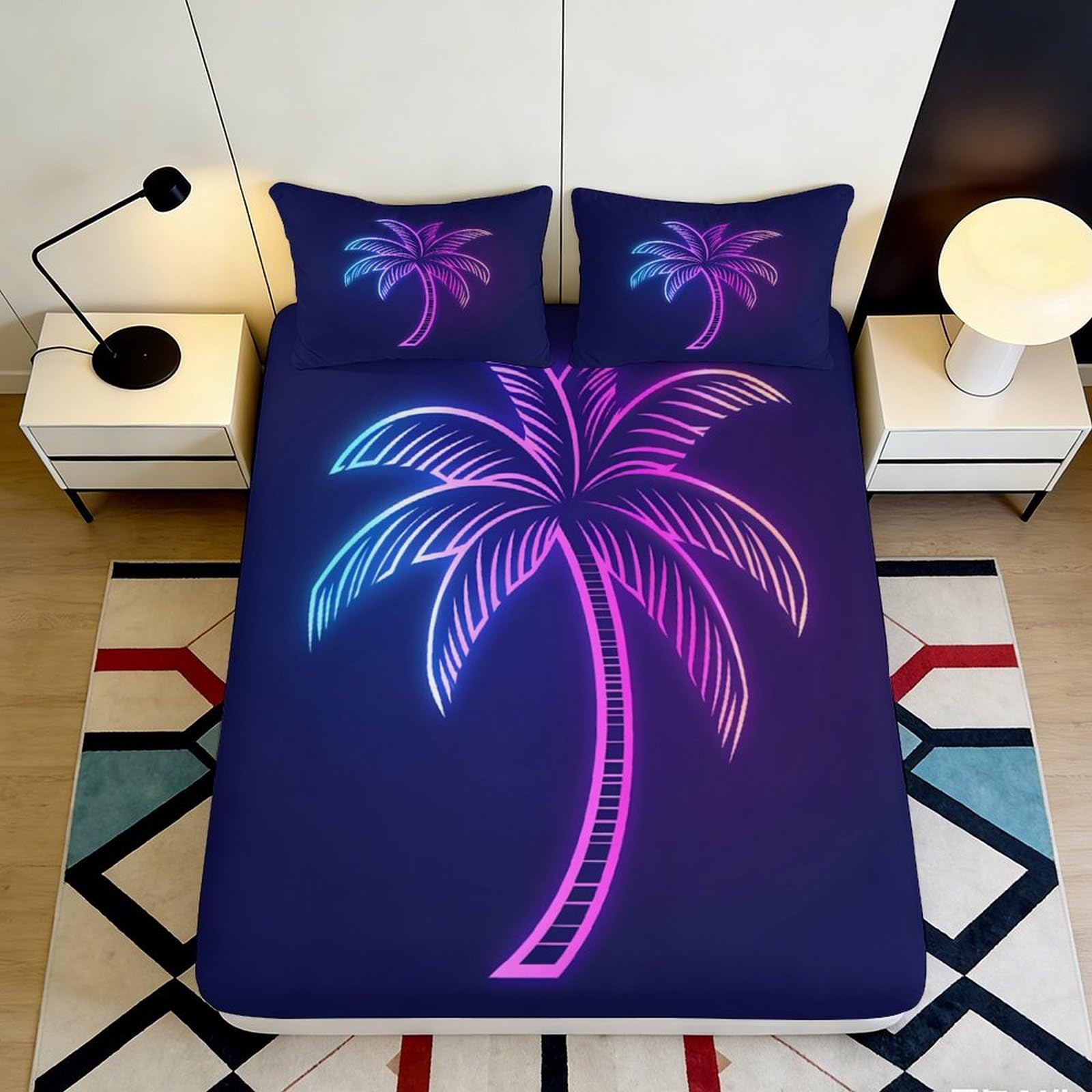 3D Printed Neon Palm Fitted Sheet Microfiber Deep Pocket Elastic Hem Neon Palm Mattress Fitted Cover for Bedroom 160x200x25cm
