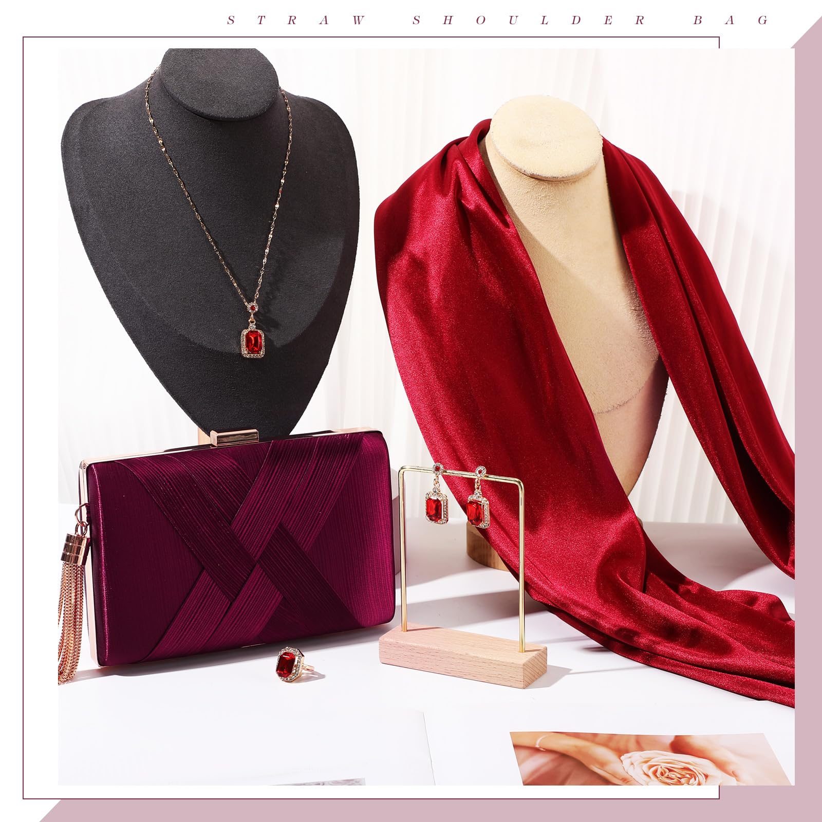 Jadive Juego de 5 piezas de joyería de satén para mujer, vestidos de noche, bolso de graduación, bufanda, aretes, collar, anillo para boda, novia, noche, fiesta, accesorios vintage para banquetes