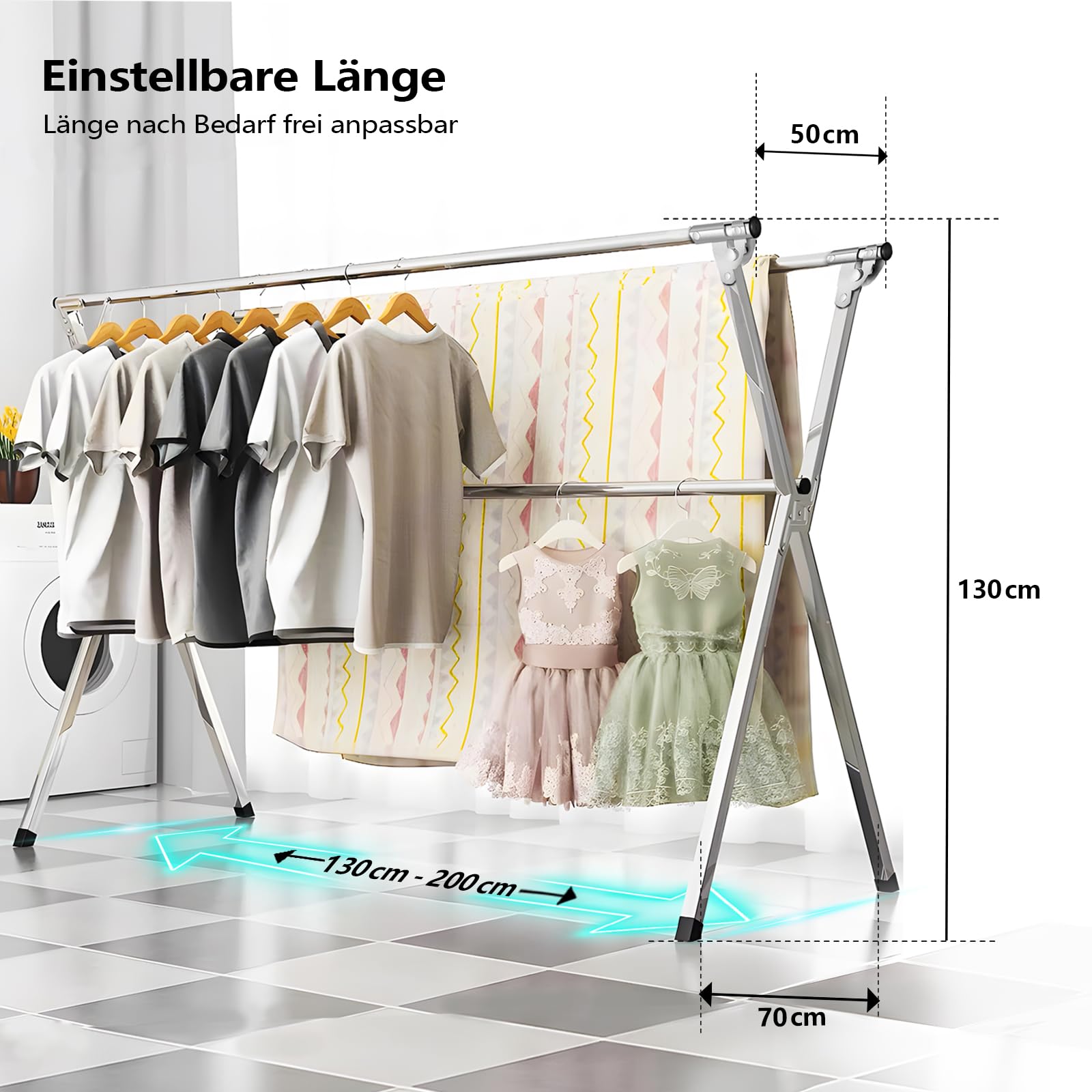 URYAN 200cm Wäscheständer, Heavy Duty Edelstahl Trockenständer Klappbar für Innen- und Außenbereich, Tragbarer Wäscheständer Groß mit 20 Windfesten Haken, Freistehend und Stabil