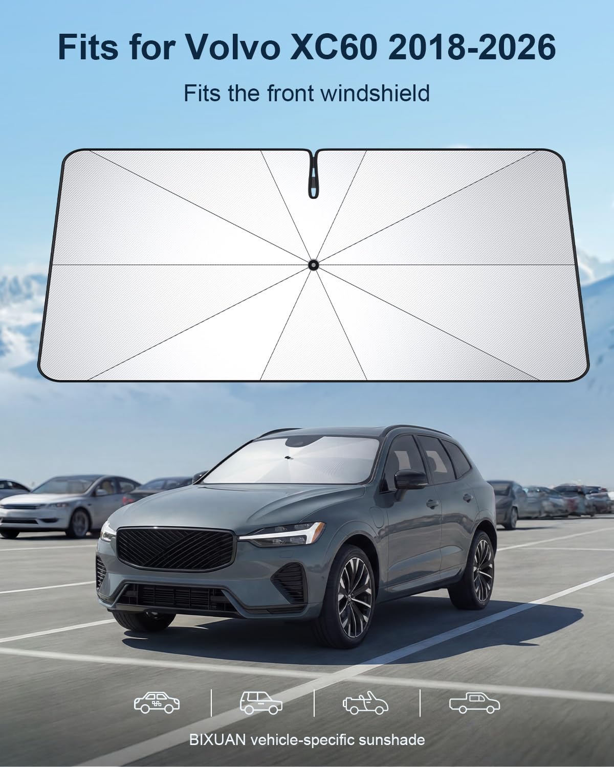 BIXUAN Osłona przeciwsłoneczna na przednią szybę samochodową, kompatybilna z Volvo XC60 2018-2025, 2026, parasol samochodowy, osłona przeciwsłoneczna, ochrona przed promieniowaniem UV, akcesoria XC60