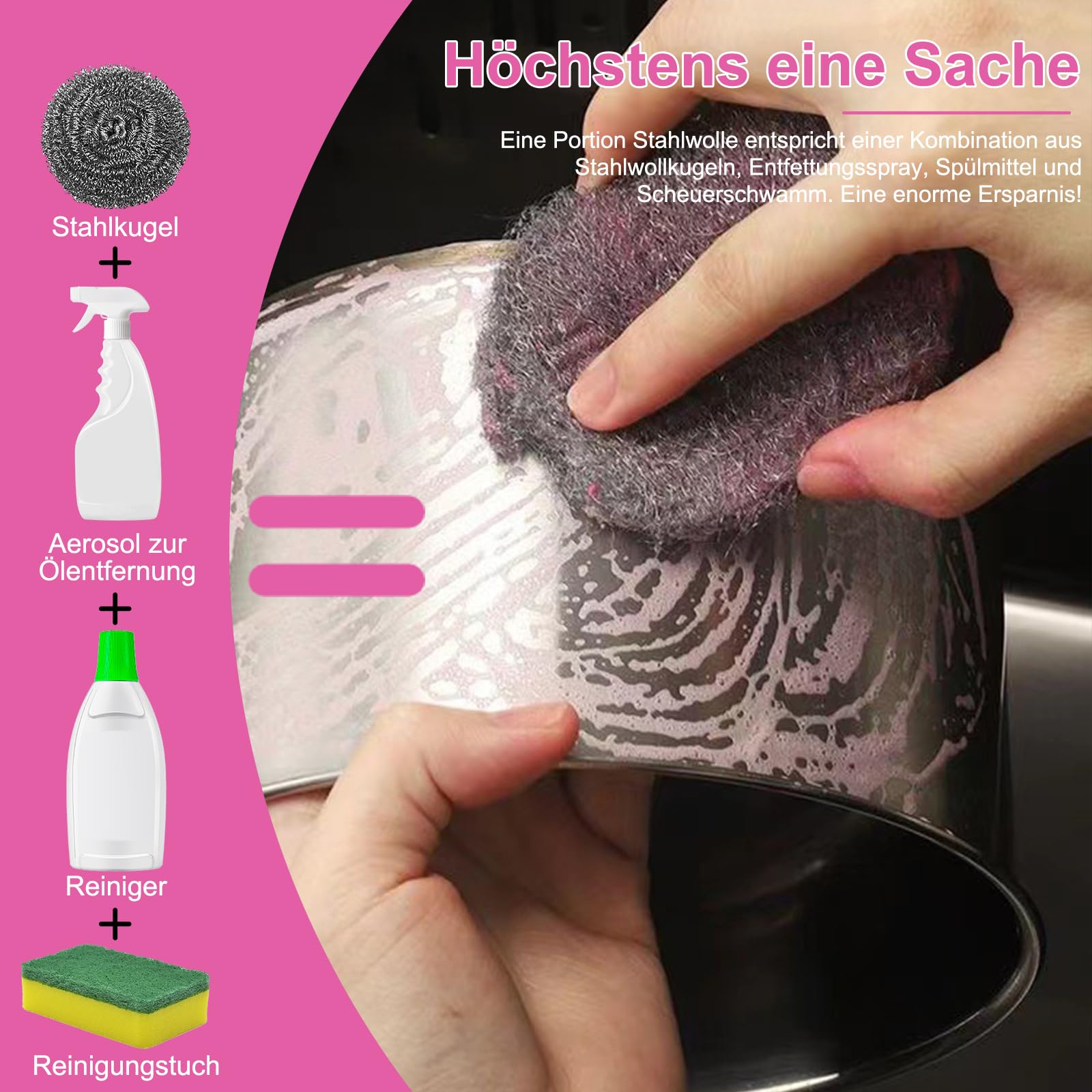 5 x 10 Stück Stahlwolle-Scheuerschwämme mit Seife, Kratzfeste Metall-Scheuerbürsten, Küchen-Scheuerschwämme-Set mit Seife zum Reinigen von Töpfen und Pfannen und zum Entfernen von Schmutz