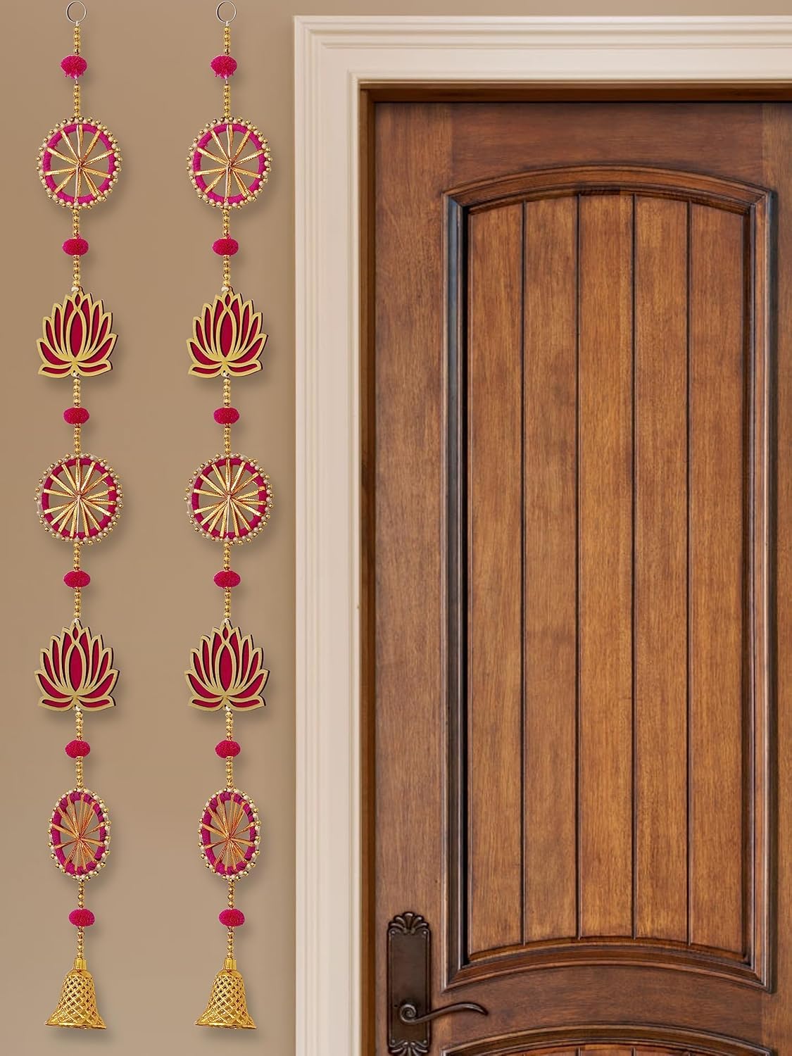 ZIG ZAG Pack of 4 Handmade Lotus Wall & Door Hangings with Bell –, Ideal for Home, Diwali, Pooja, Wedding & Festival Decor (36 Inches, Pink)