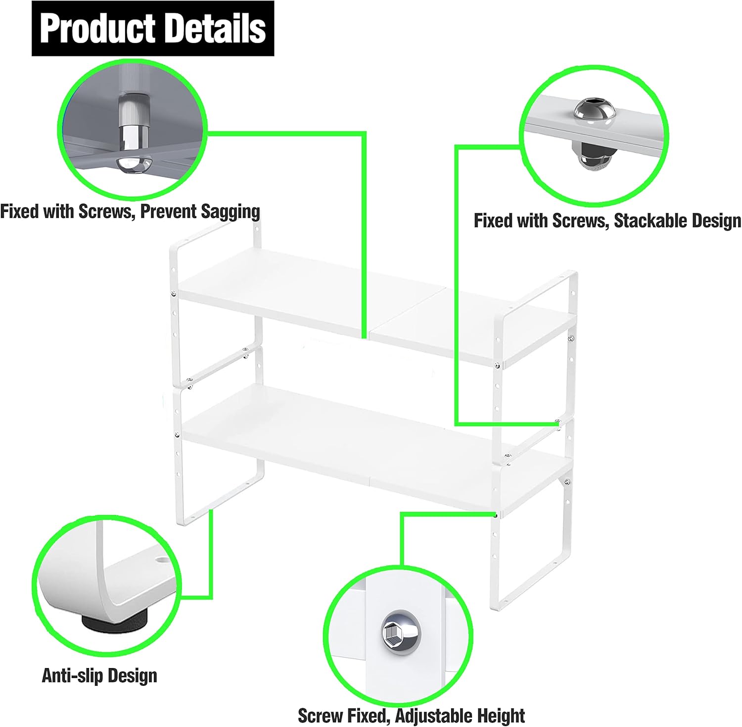 Expandable Kitchen Cabinet Storage Shelf, Stackable Metal Pantry Storage Shelves Organizer, Adjustable Height Counter Spice Rack for Kitchen Cabinet, Countertop, Pantry and Office