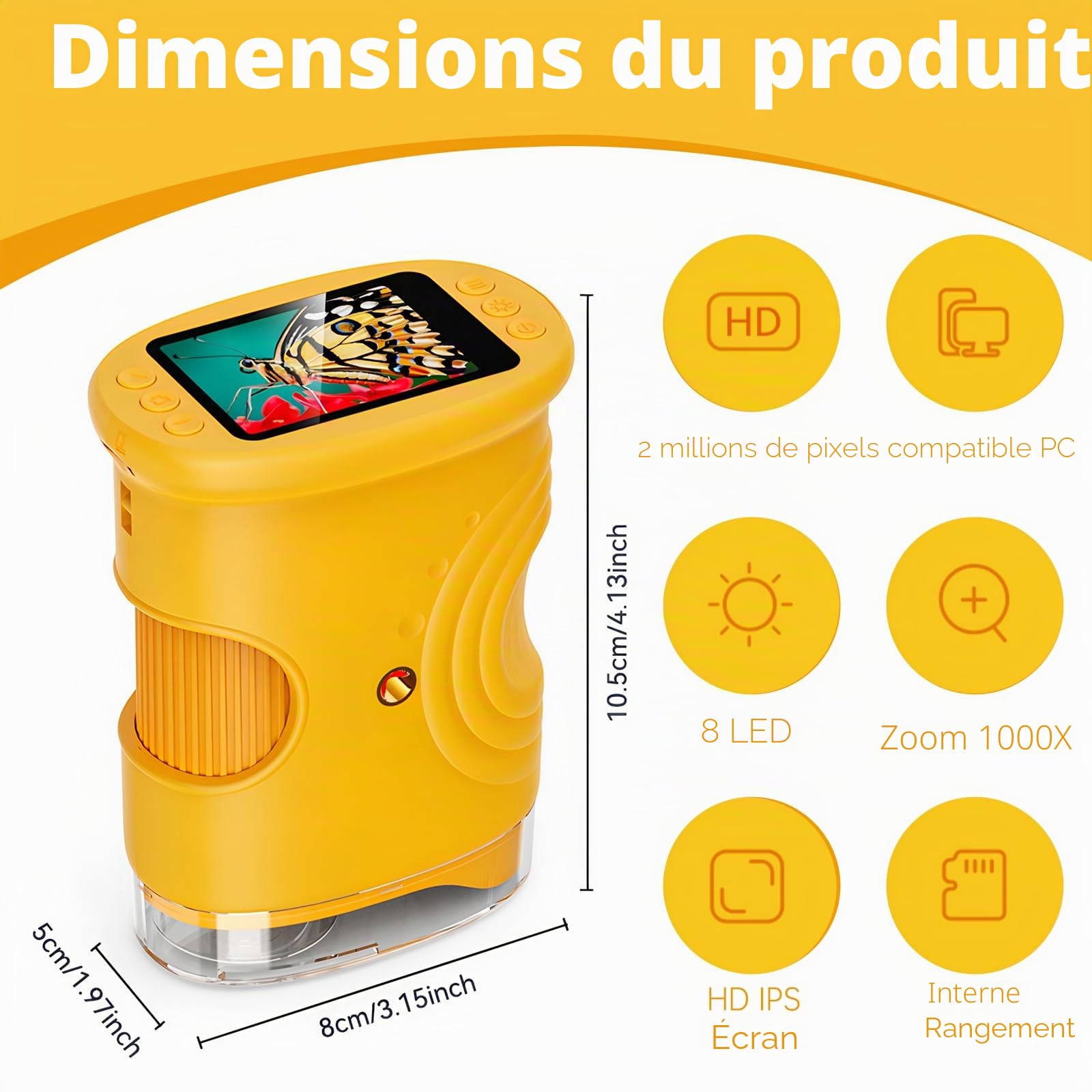 Microscope Numérique pour Enfants, 1000X Portable Rechargeable Microscope Numérique, IPS 2'', 8 Lumières LED, Scientifique et Jouet Éducatif pour Enfants 3–12 Ans