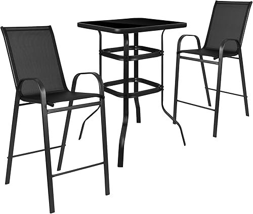Flash Furniture Brazos - Juego de mesa de bar, 3 piezas, mesa de bar Brazos de cristal con 2 taburetes de bar negros para patio, sillas de exterior disponible en Yaxa Peru