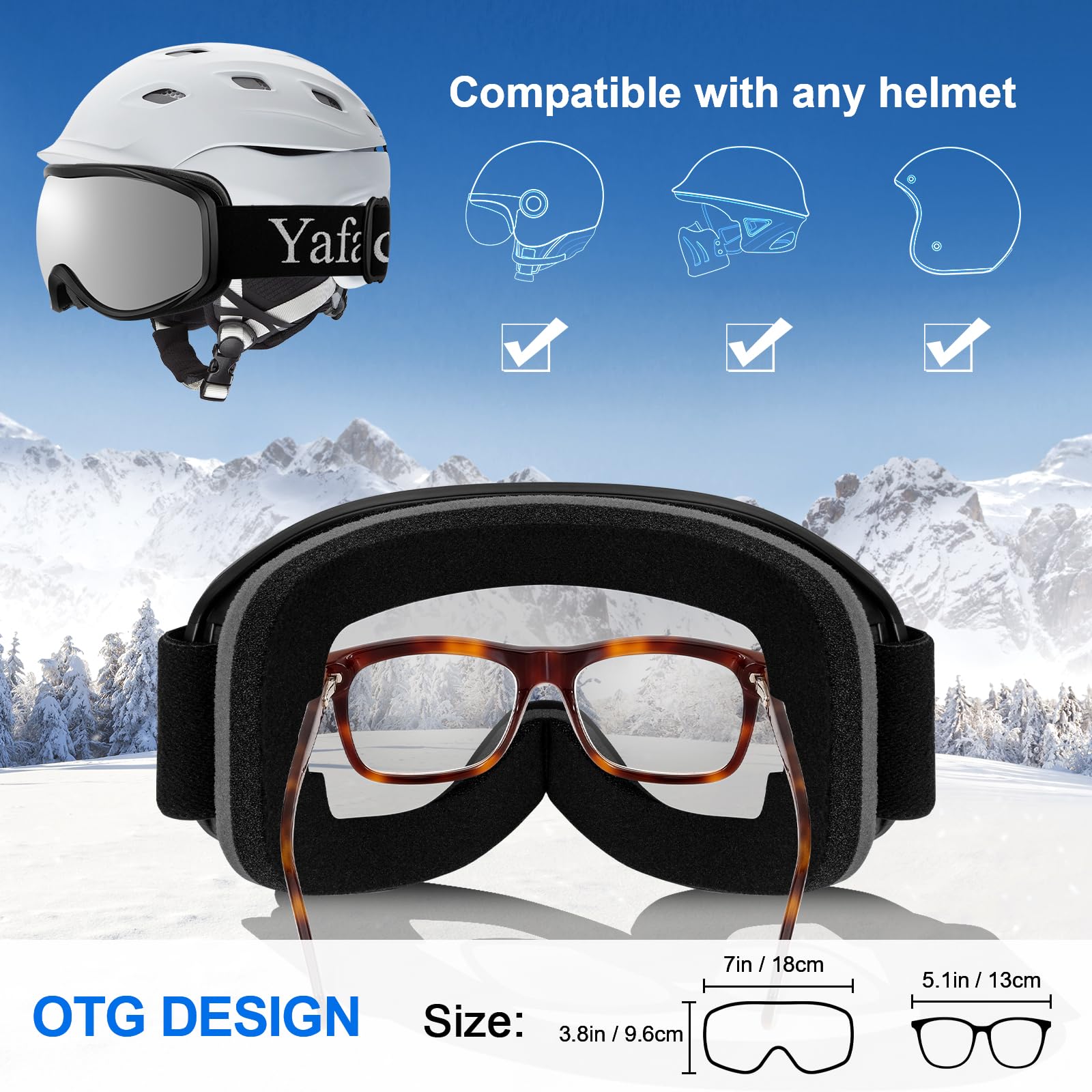 Yafaca Gogle narciarskie, przeciwmgielne, ochrona UV 400, gogle snowboardowe z podwójną soczewką, OTG i kask, kompatybilne z okularami śnieżnymi, antyodblaskowe, sferyczne gogle narciarskie dla