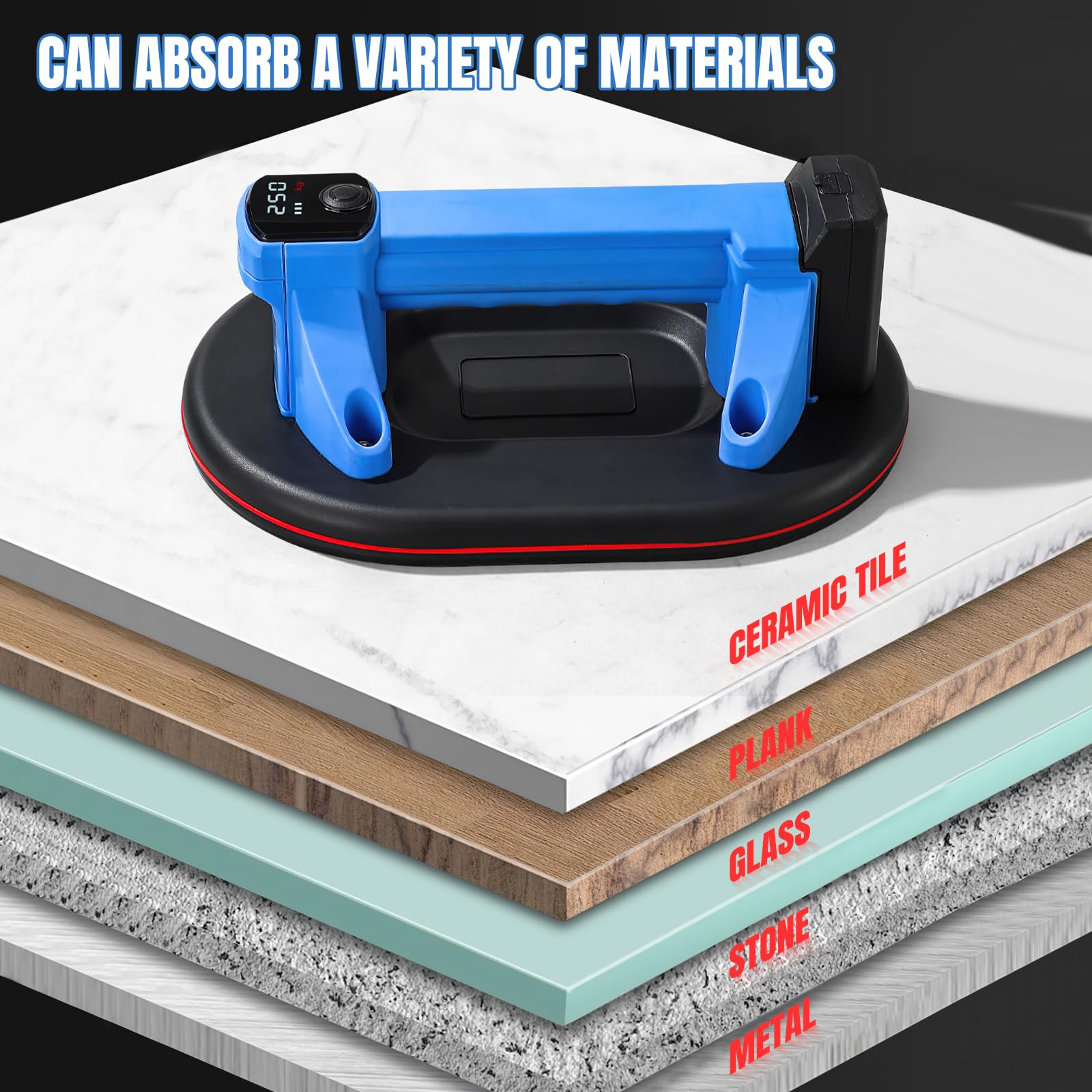 Ventosas Electricas para Cristal,Ventosas para Azulejos,Pantalla LCD, 2 Baterías, carga Máxima de 230 kg. Ventosa Profesional para Levantar Cristales, Azulejos, Mármol y Tableros de Madera (1 pc)