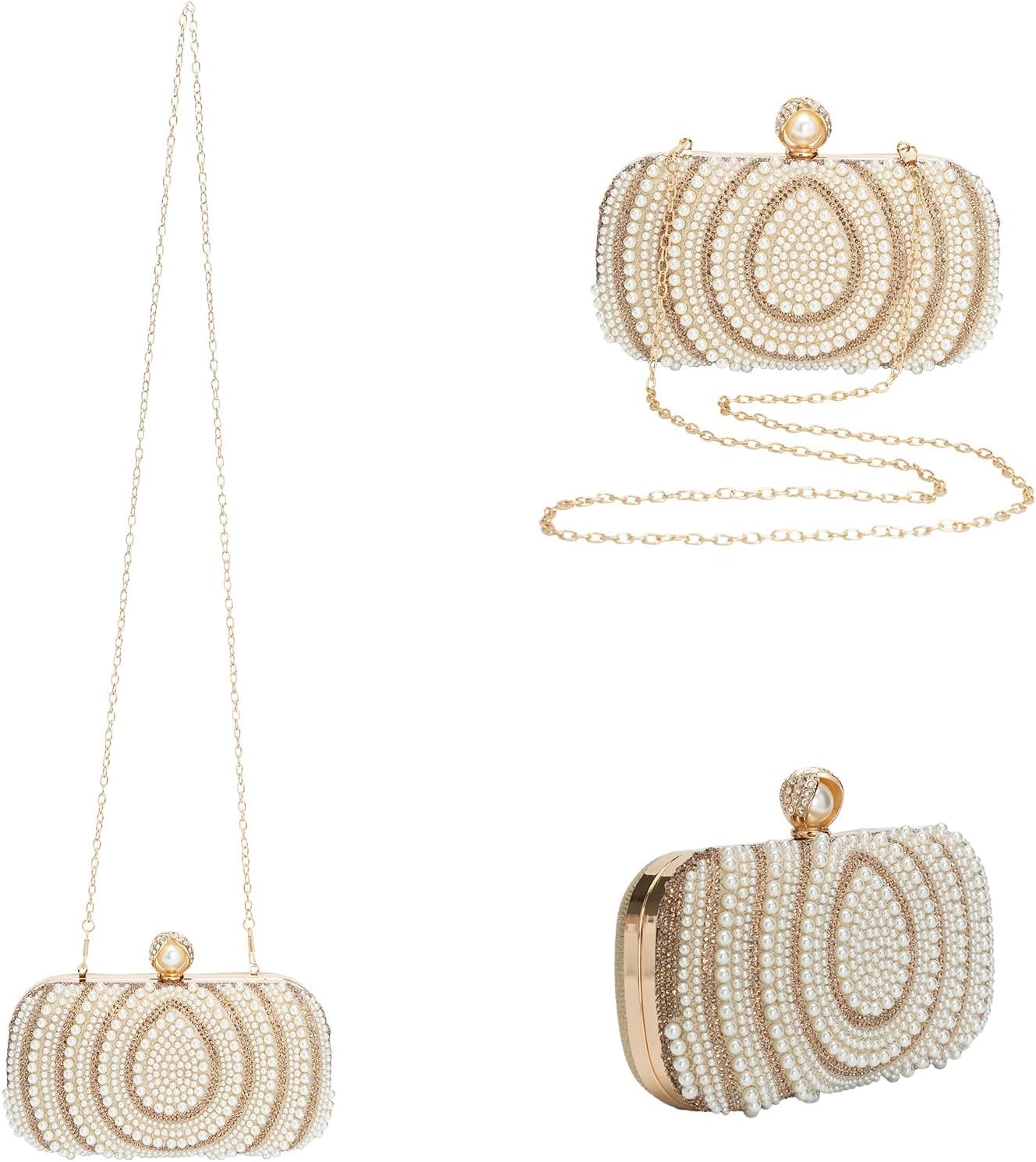 Women's Pearl Beaded Glitter Rhinestones Handbag Elegant Evening Wedding Party Bridal Clutch Purse (Teardrop)