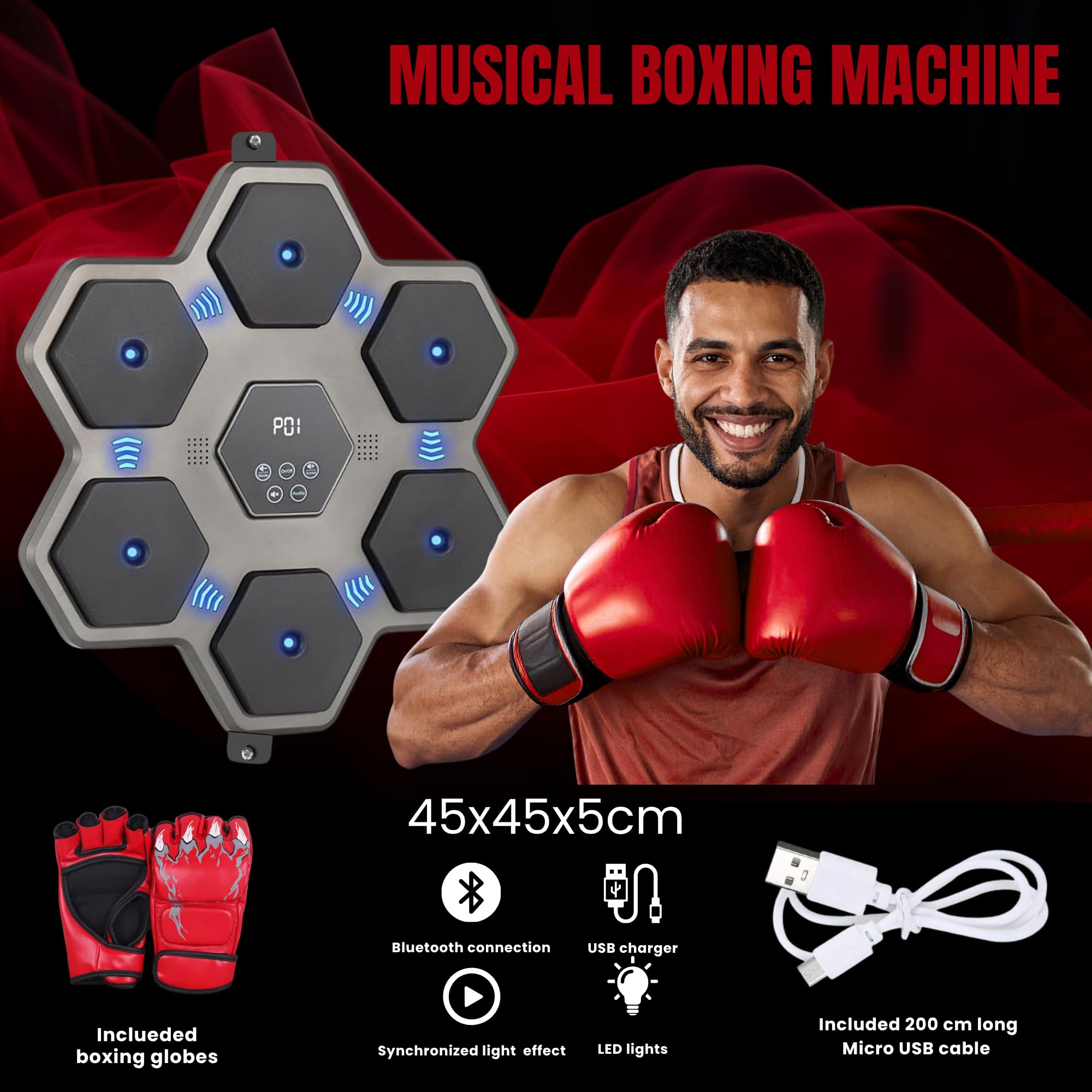 MAGIC SELECT Musikalische Boxmaschine. Wandtrainingsgerät mit LED, Boxhandschuhen, Bluetooth und Lichtern im Rhythmus der Musik. Boxmaschine für Kinder/Erwachsene. (9 Modi, 43x43 cm)