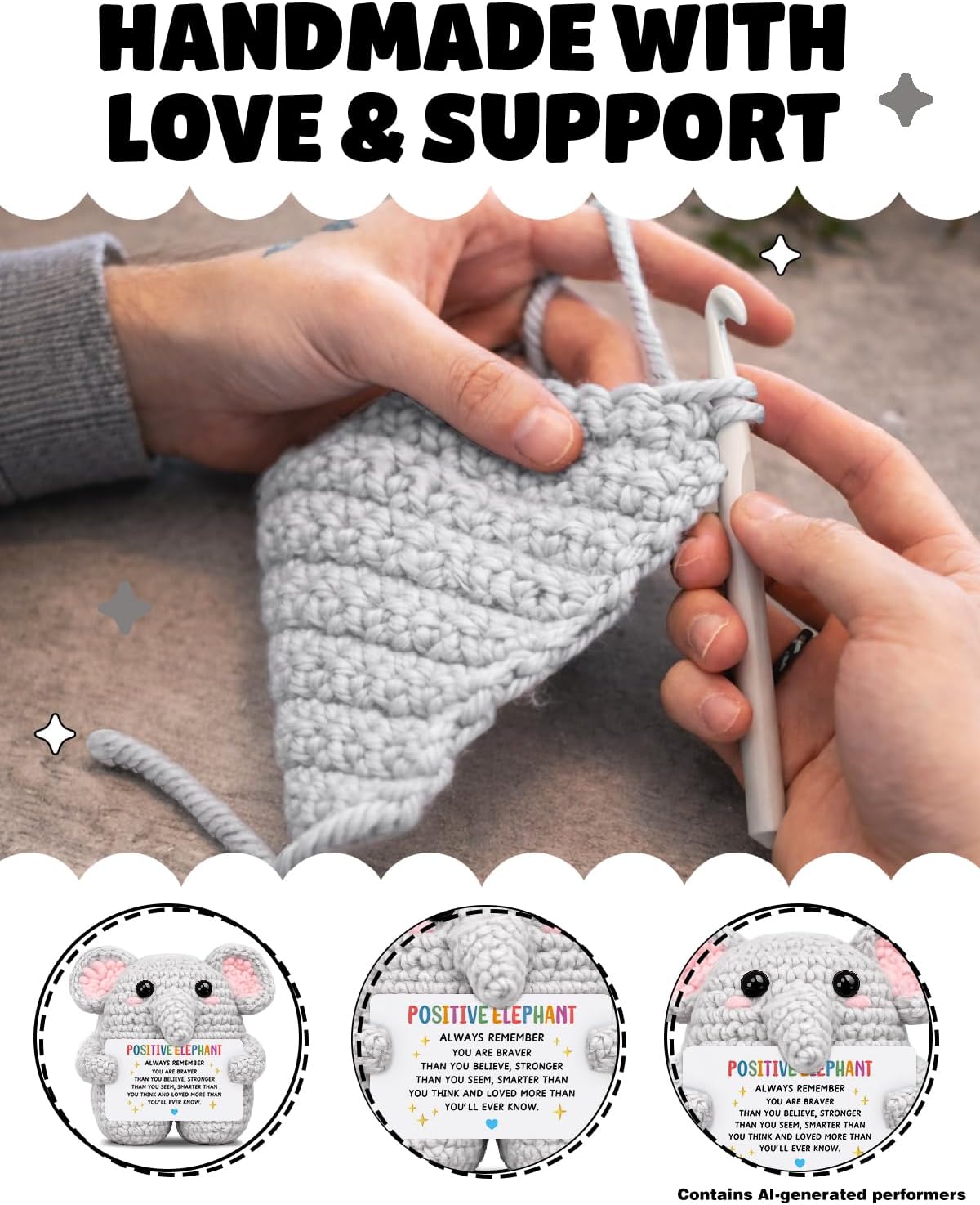 Positive Crochet Elephant Gifts for Women Men, Mini Handmade Emotional Support Crochet Elephant Decor, Inspirational Birthday Gifts
