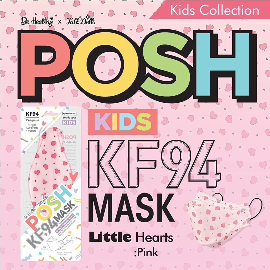 Be Healthy (Pack of 10) Posh KF94 Kids Mask - Little Hearts - Pink (KA11) (MADE IN KOREA), Pink, Blue