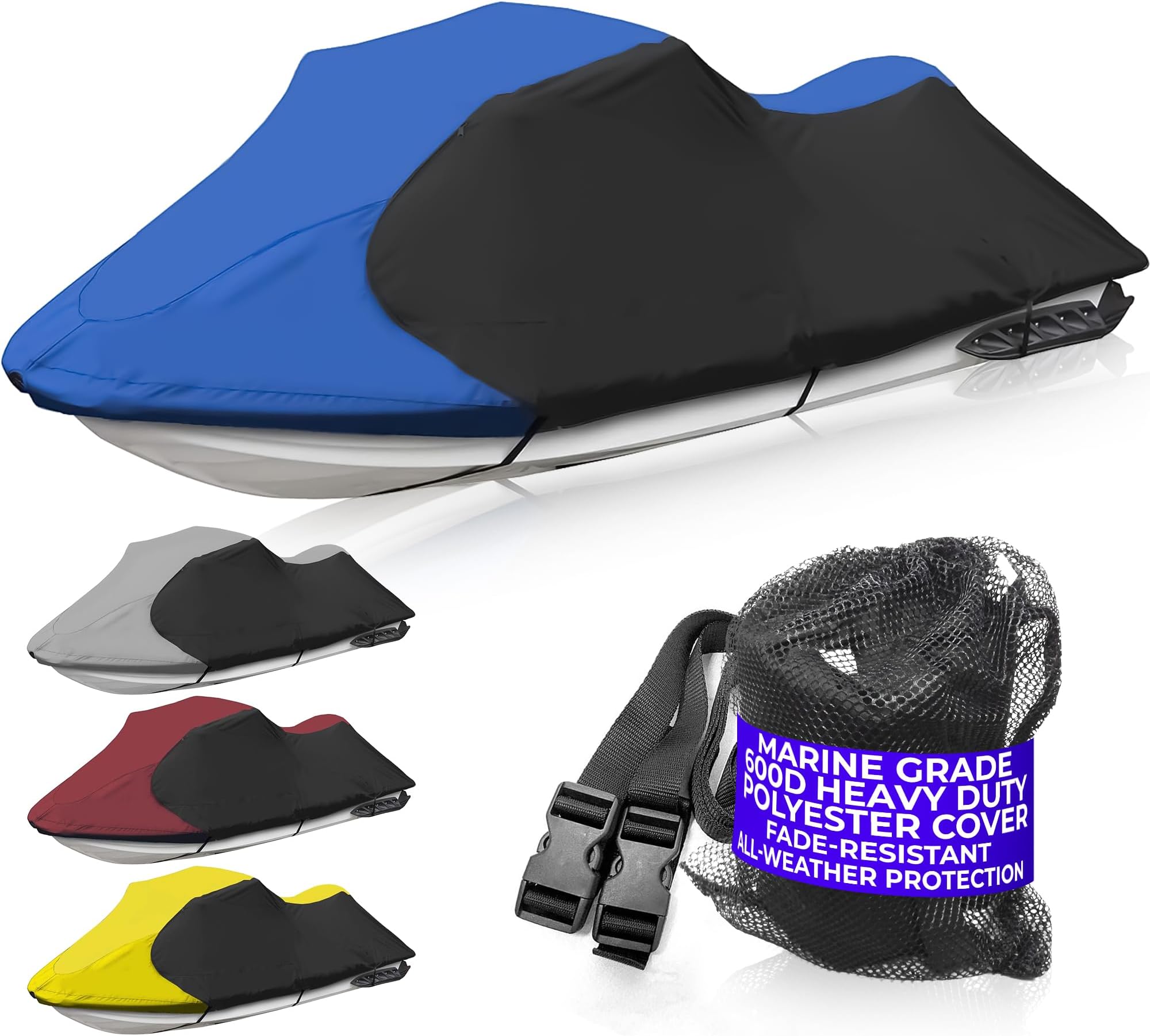 Trailerable Jet Ski Cover, Waterproof Marine Grade 600D Heavy Duty Polyester PWC Cover Blue/Black Color Fits from 126"-135" 3 Seater