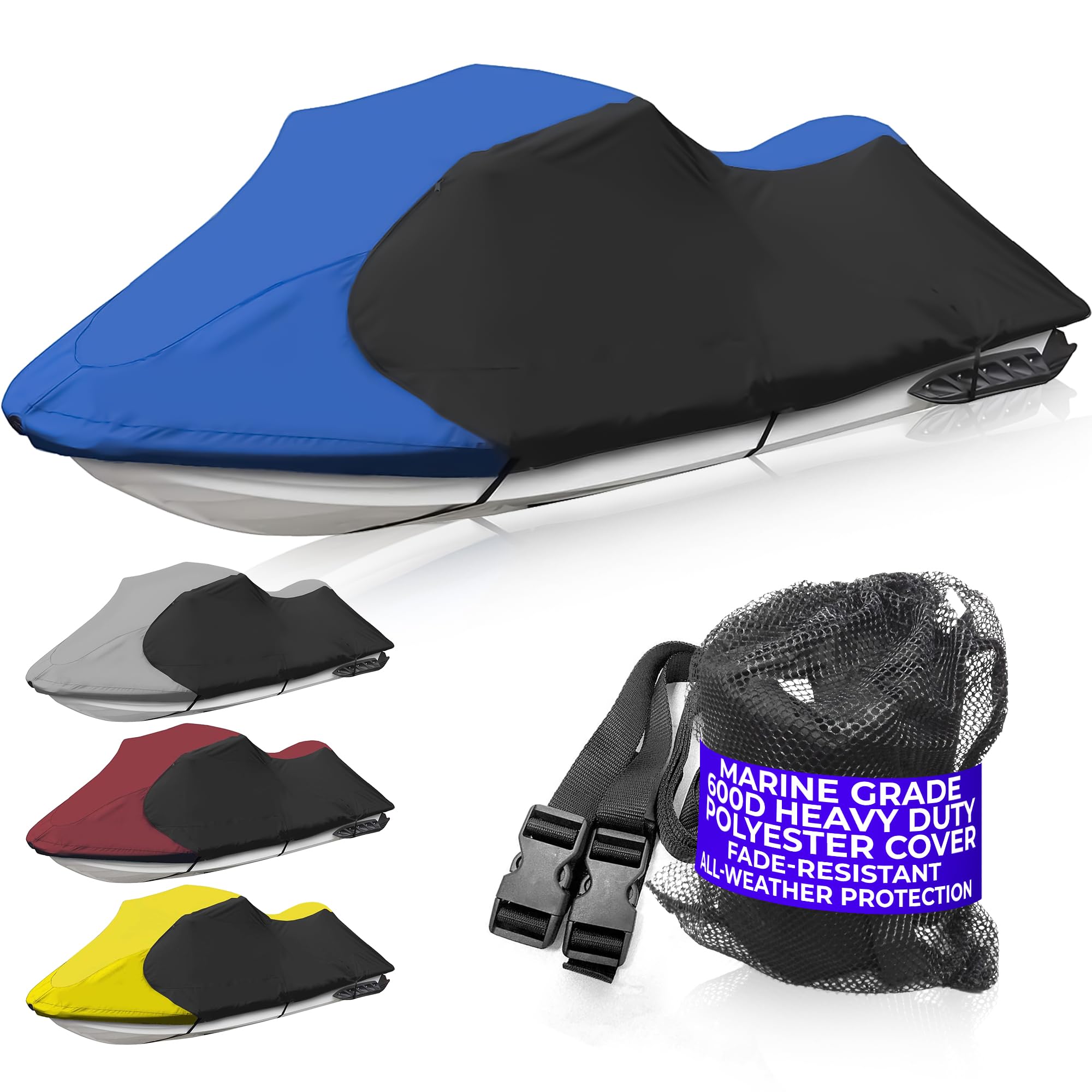 Trailerable Jet Ski Cover, Waterproof Marine Grade 600D Heavy Duty Polyester PWC Cover Blue/Black Color Fits from 126"-135" 3 Seater