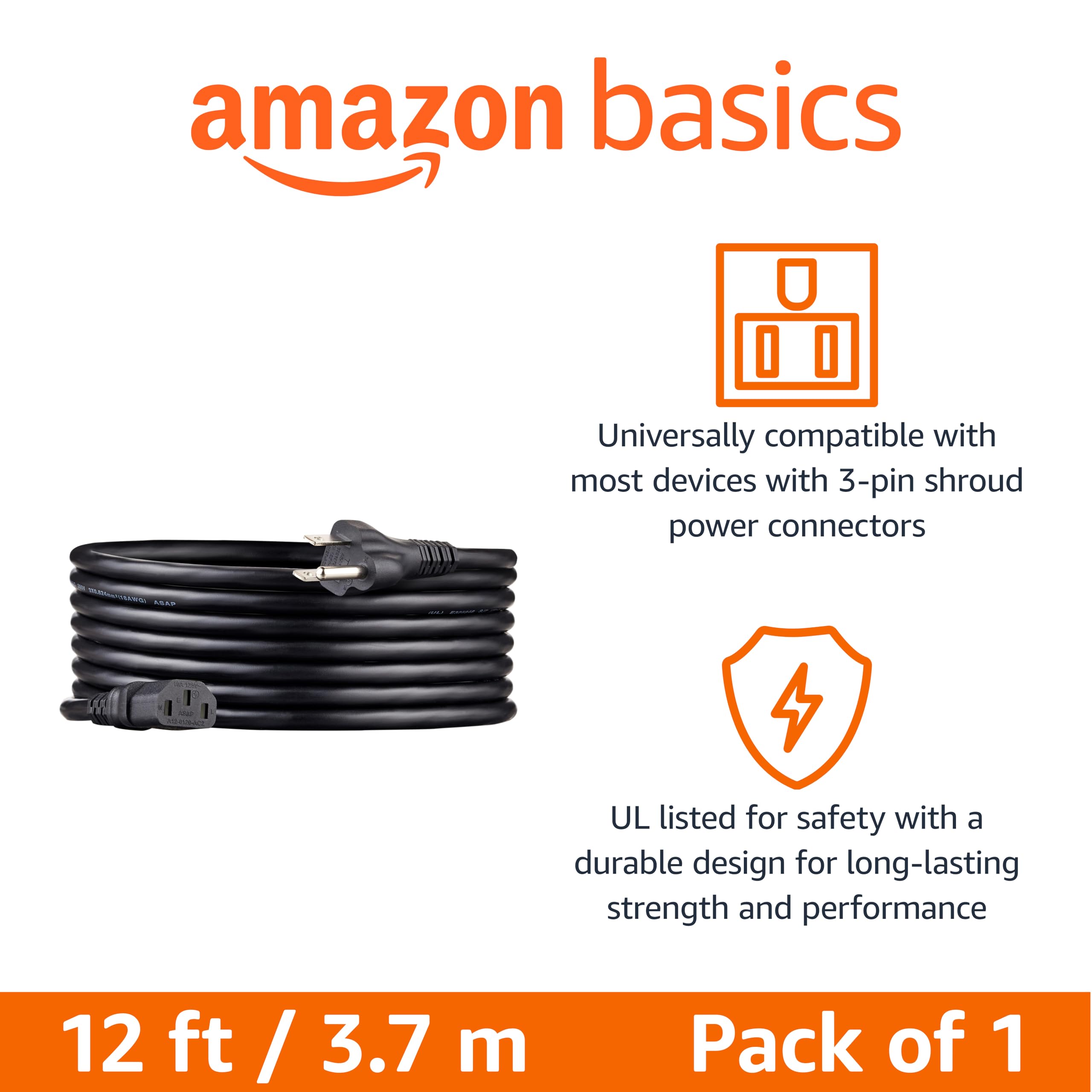 Amazon Basics PC Power Cord, 12 feet, AC Power Cord for Monitor, Computer, TV, 3 Prong, 18 AWG, 125 Volts, Black