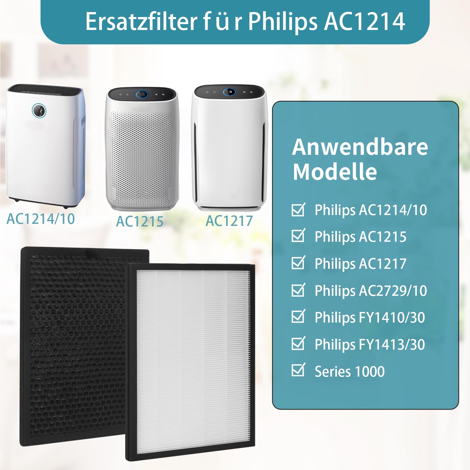 Awinker Set di filtri per purificatore d'aria per Philips AC1215, AC1217, AC1214/10, AC2729/10, filtro di ricambio compatibile con Philips FY1410/30, FY1413/30, Series 1000,1 filtro HEPA e 1 filtro ai