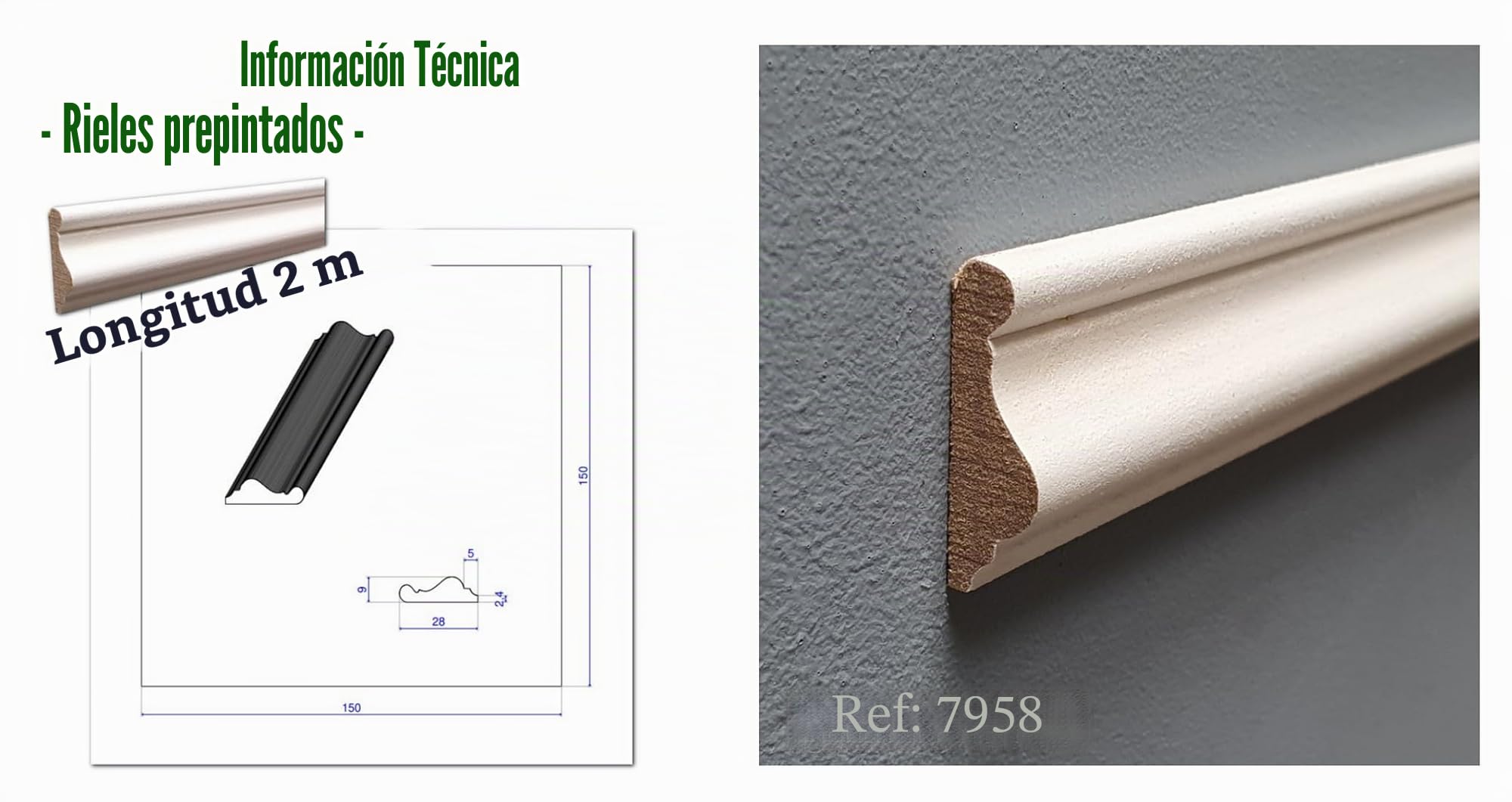 MadeInNature - Moldura de pared, madera media blanca, longitud 2 metros, cornisa de madera prepintada resistente y fácil de colocar, modelos y tamaños a elegir (7958, lote de 6 metros)