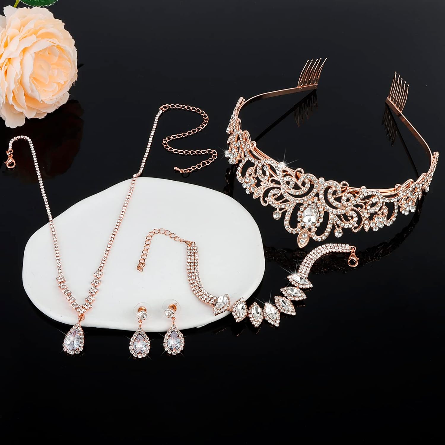 CIEHER 4/5 Pieces Women Jewelry Set - Rhinestone Crown + Drop Necklace + Elegant Bangle Bracelet + Crystal Teardrop Dangle Earrings for Bridal Wedding Party - Image 7