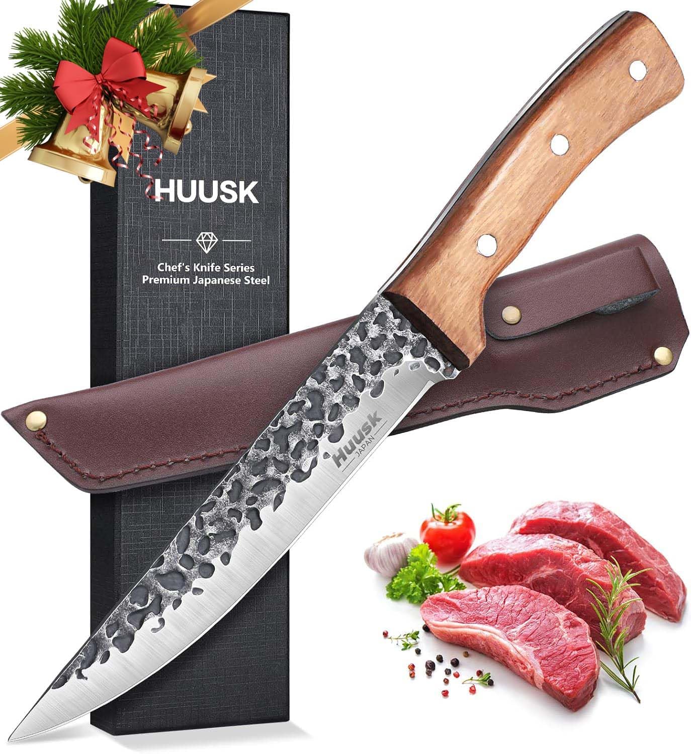 Huusk Knives from Japan, Boning Knife for Meat Cutting 6 inch, Butcher Knife for Brisket Trimming, Viking knives with Sheath, Full Tang Kitchen Utility Knife, Gift for Fathers