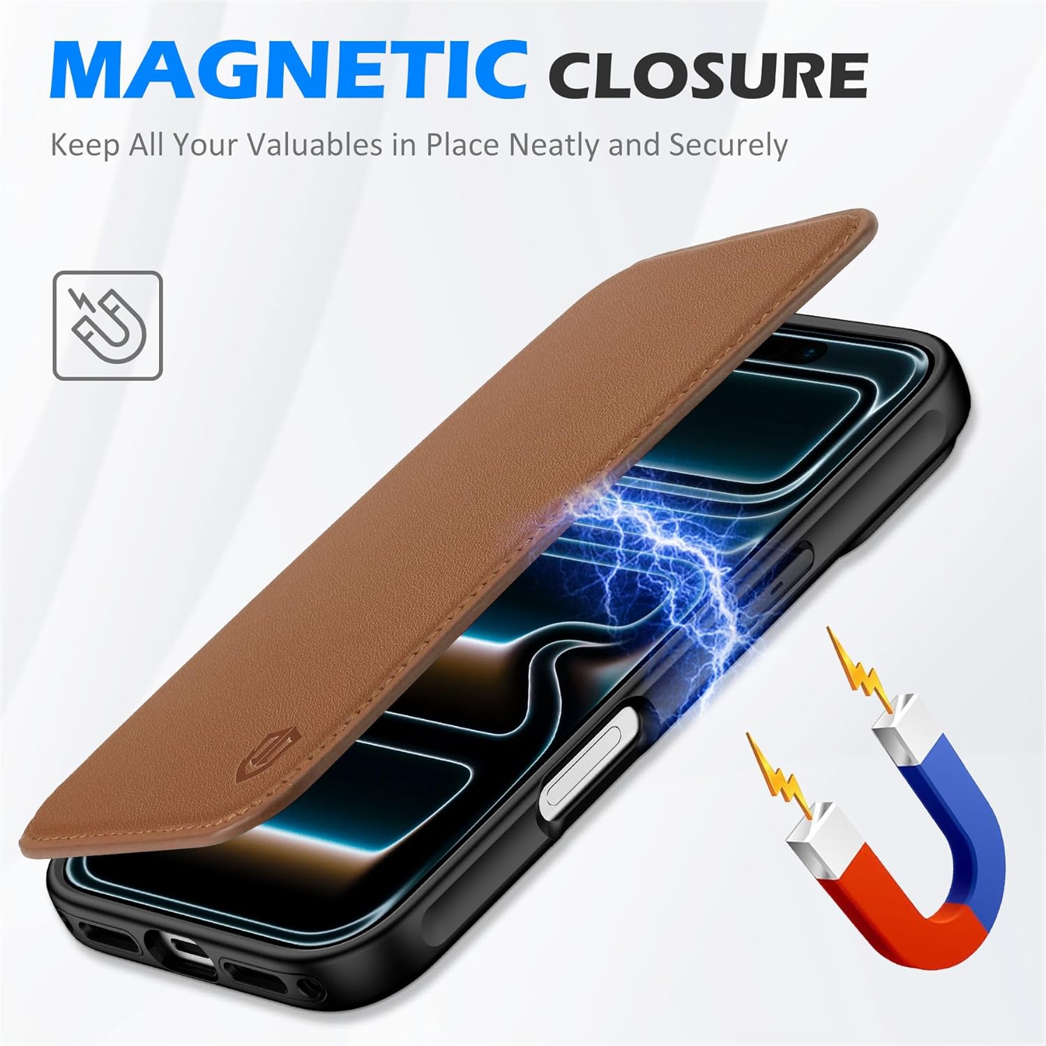 SHIELDON Slim Real Leather Case Wallet for iPhone 17 6.3-inch 5G 2025 | Flip, Wireless Charging, Magnetic Closure, RFID Blocking Credit Card Holder, Full Protective Cover - Saddle Brown