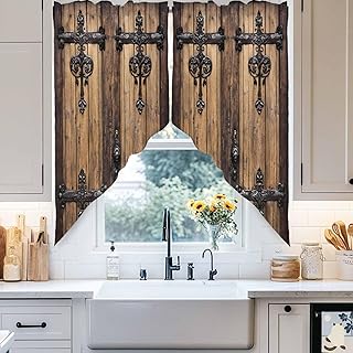 IDOWMAT Farmhouse Vintage Wood Board Swag Valance for Kitchen Windows,Rod Pocket Short Window Treatment Tier Curtains,Brown Wooden Swag Topper Valances for Bathroom/Bedroom,1 Pair,36x63In