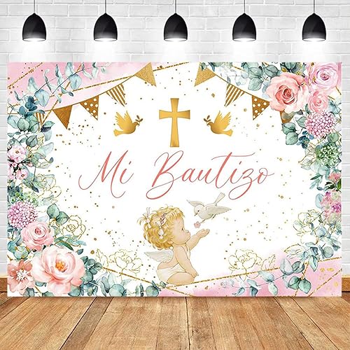 Mi Primera Comunion Bautizo Fotografía Fondo My First Comunion Chalice Girl Decoración Fiesta de Cumpleaños Decoración Cruz Dorada Palomas Ángel