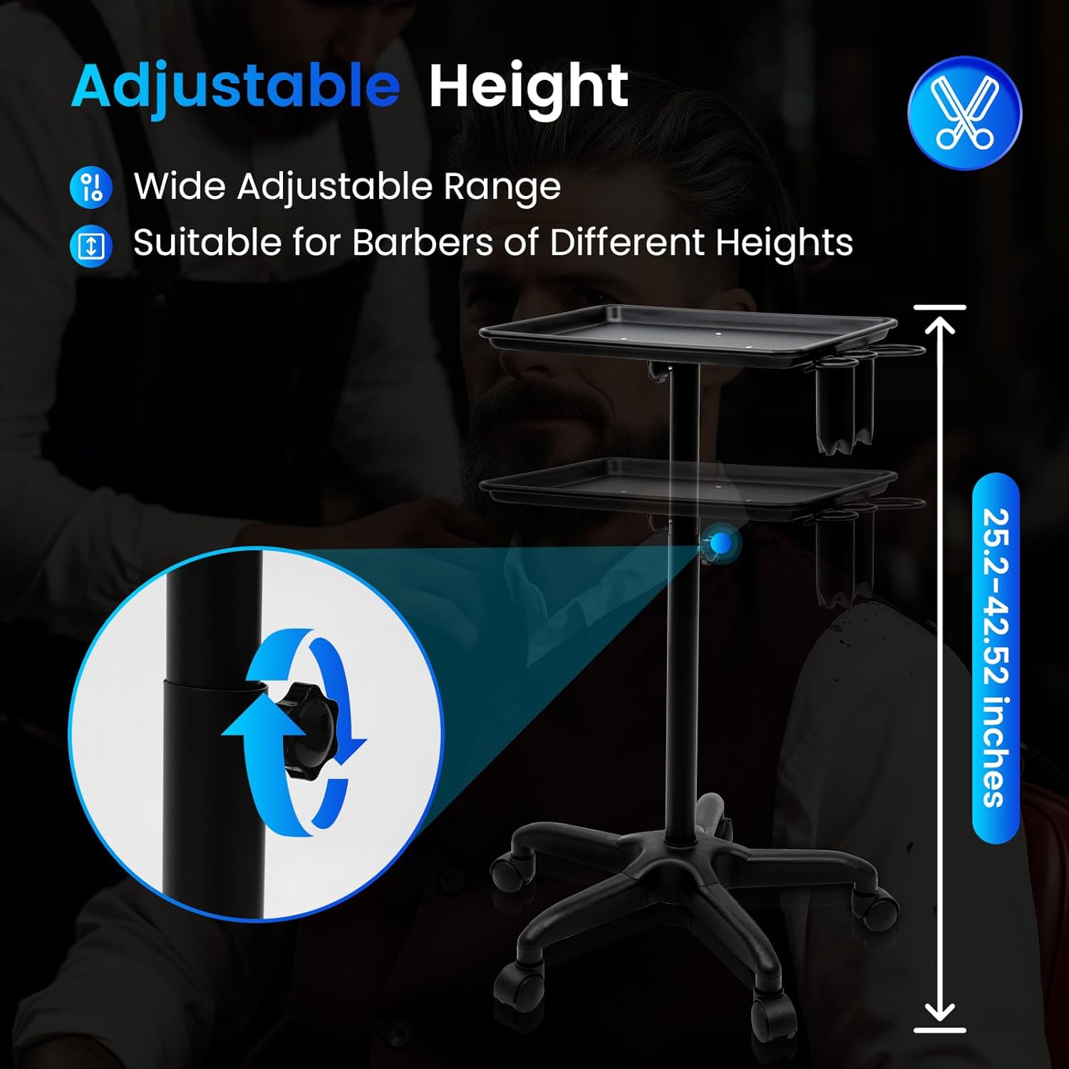 Salon Instrument Aluminium Tray Trolley, Adjustable Height Rolling Mobile Beauty Hair Service Tool Storage Utility Carts with 5 Casters and Accessory Silver/Black (Black)