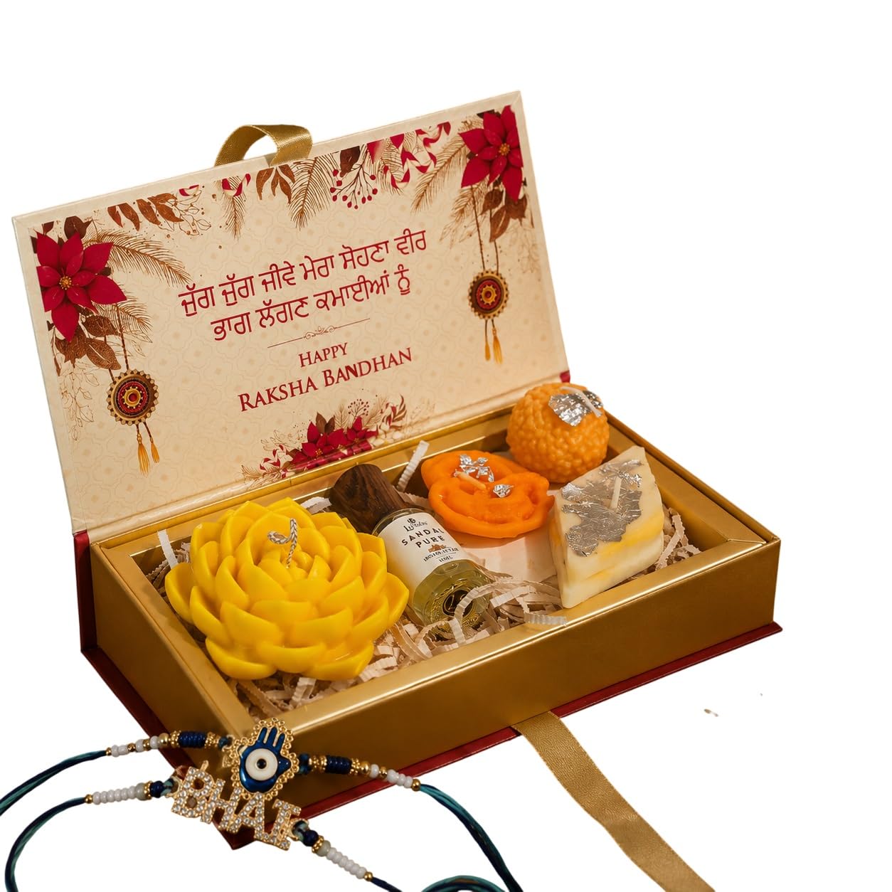 Rakhi Gift Hamper for Brother with Sandal Attar Perfume Decorative Candle Set Rakhi Gift Box Raksha Bandhan Gifts Festival Gift Combo Premium Rakhi Hampers for Men-image-12
