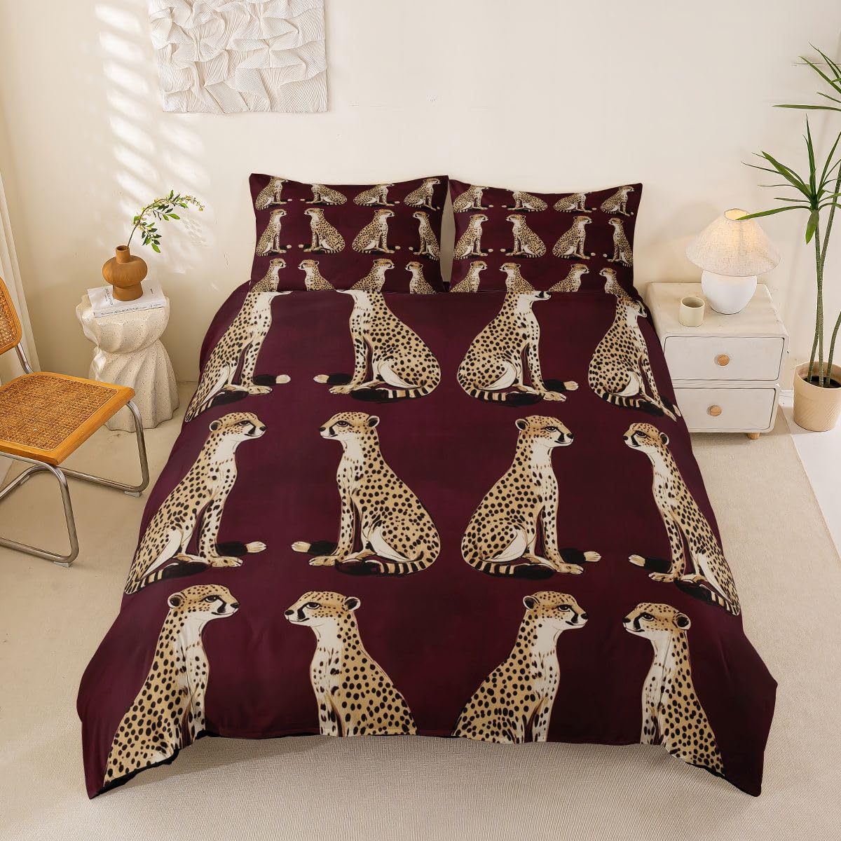 Housse de couette 220x240cm léopard avec 2 taies d'oreiller bordeaux
