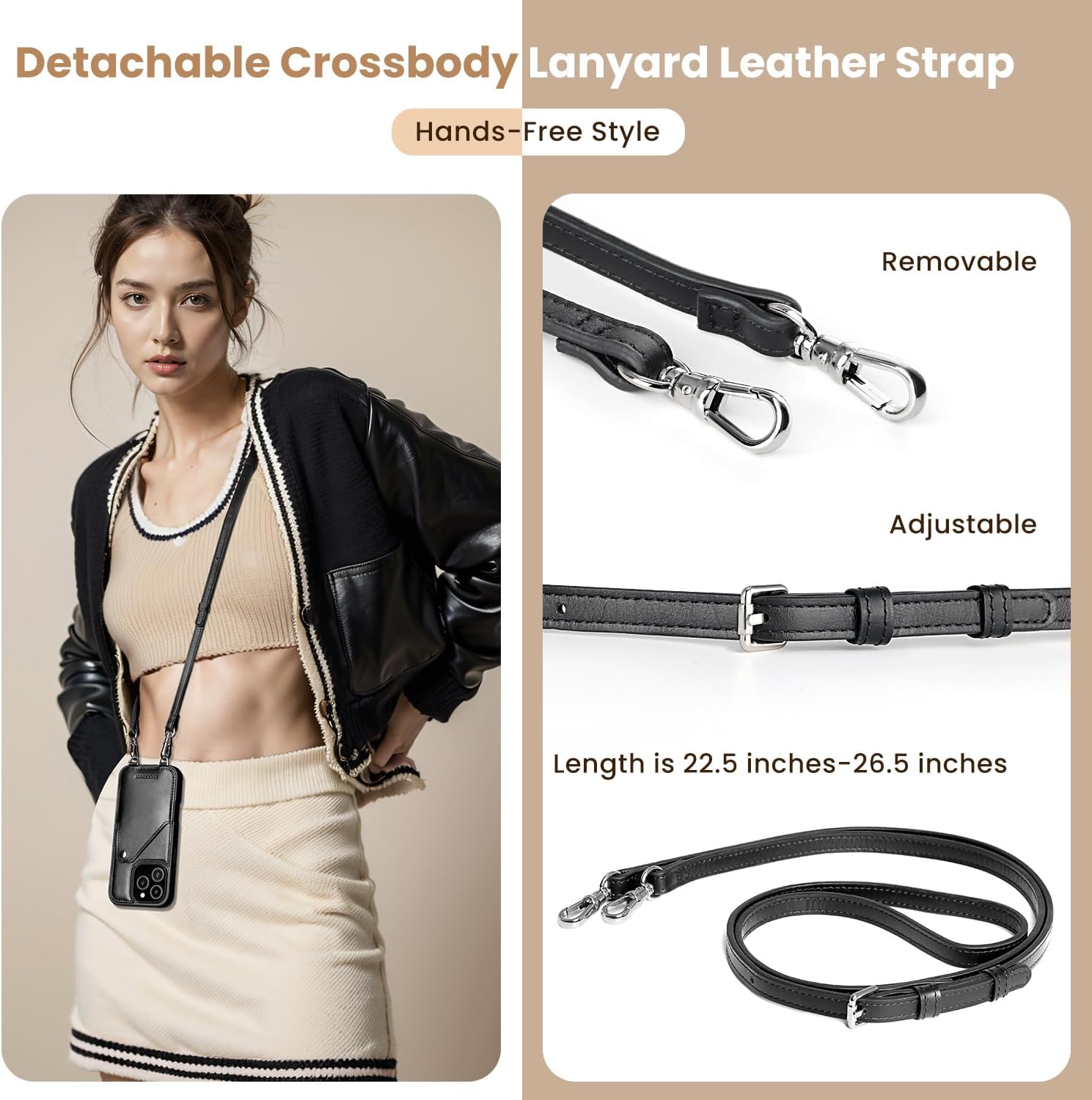 LUCKYCOIN for iPhone 16 Pro Crossbody Wallet Purse Phone Case, Genuine Leather Phone Case for Women,for iPhone Purses with Expandable Card Holder & Adjustable Removable Crossbody Strap - Black - Image 5