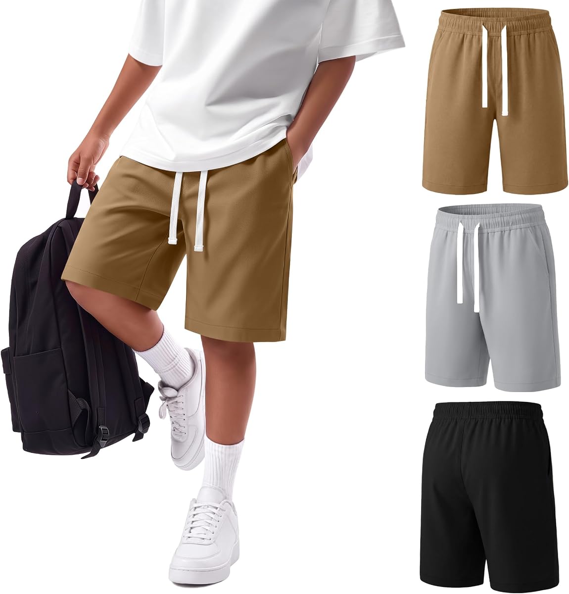 3 Pack Boys Uniform Shorts Boys Shorts | Teen School Clothes, kids Dressy Chino Shorts 6-16Years, for Athletic Casual, with Drawstring and Pockets, for Back to School