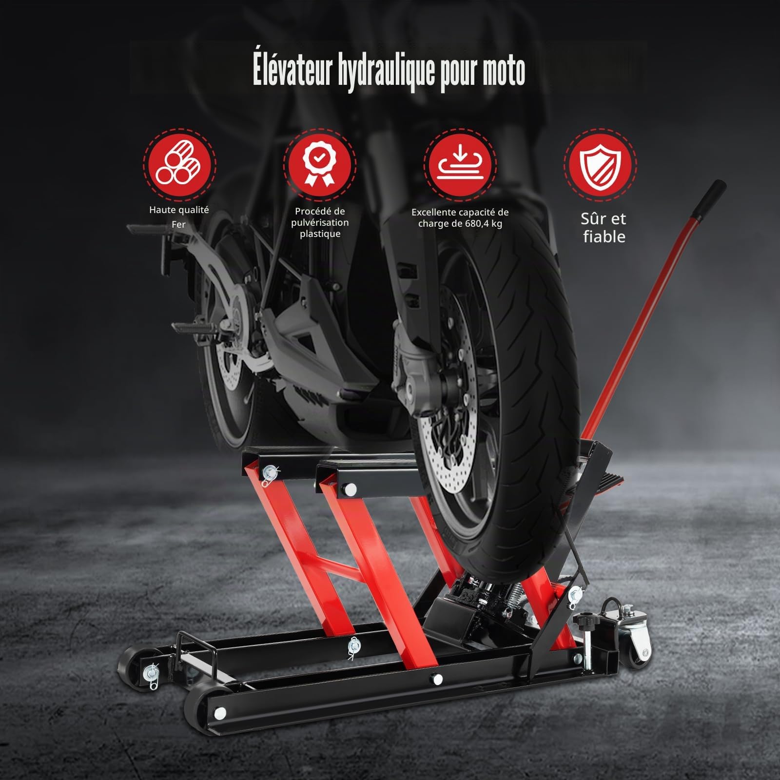 Support de montage hydraulique pour moto - 680 kg - Pliable - Avec roulettes et revêtement en caoutchouc - Aide à la manœuvre pour modèles personnalisés