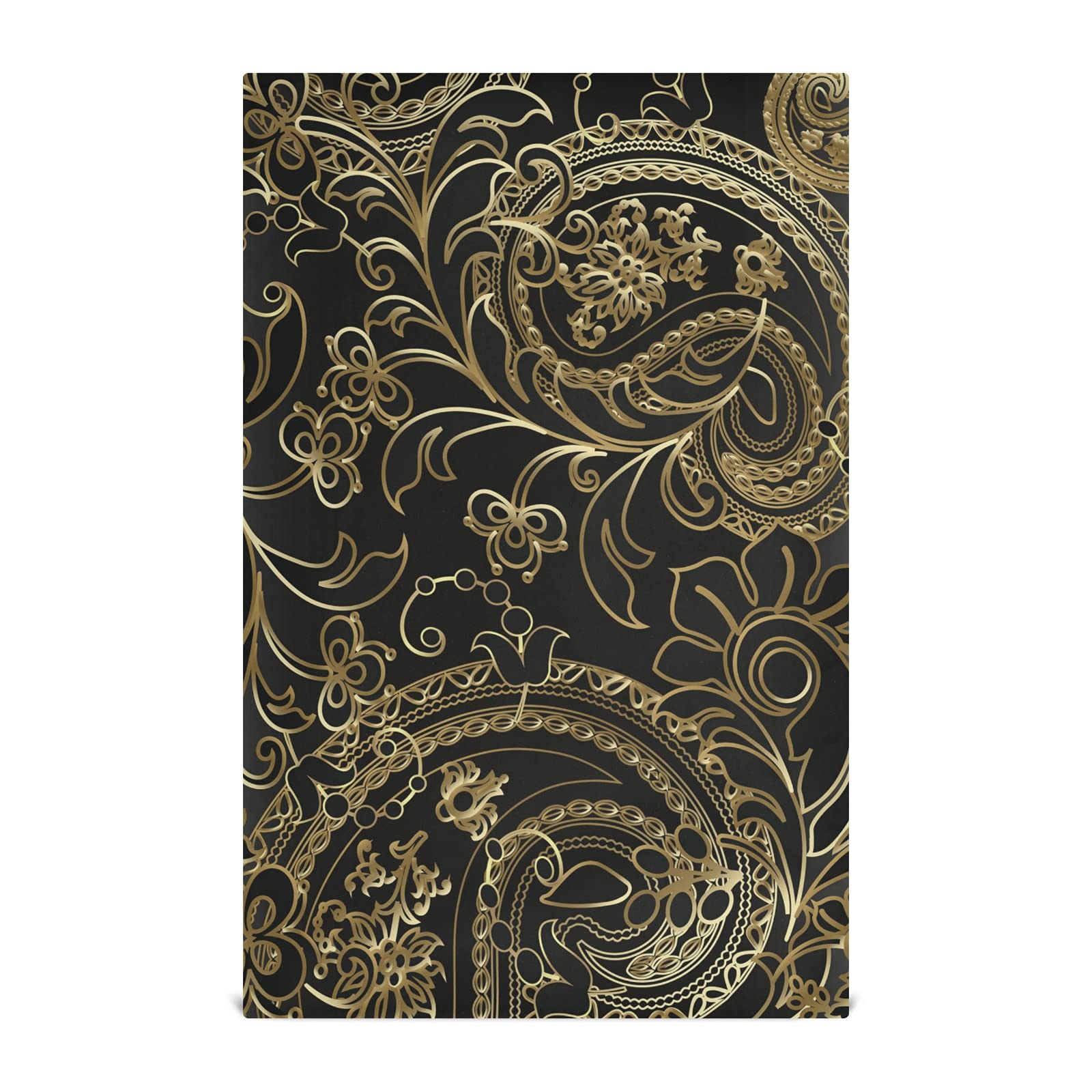 Golden and Black Paisley Flowers Leaves Royal Elegant Ornaments 4 Packs Polyester Kitchen Dish Towel, Hand Bar Tea Towels with Hanging Loop, Hemmed NapkinTowel Dishtowels Waffle Dishcloths