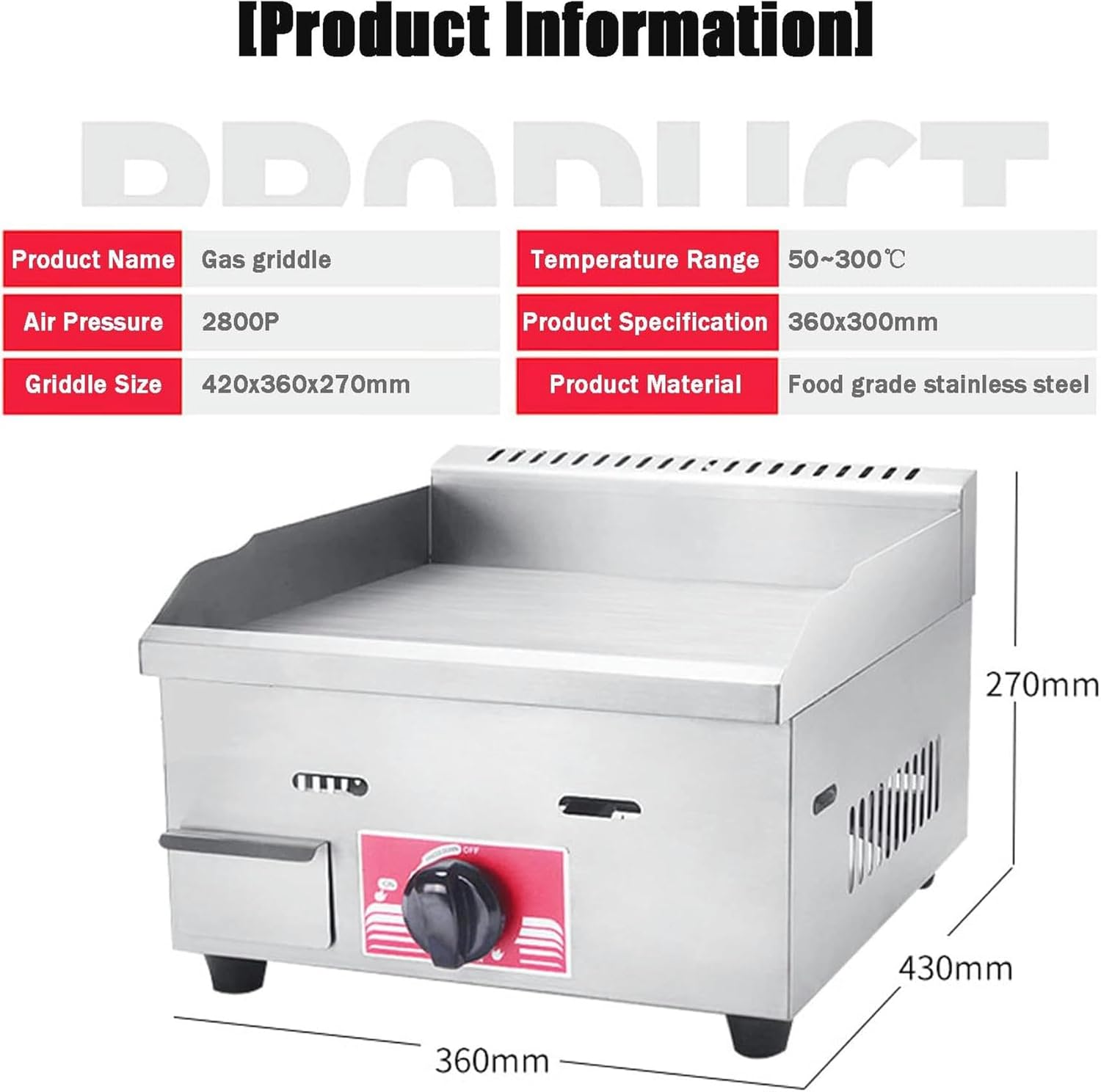 Commercial Griddle, Commercial Propane Gas Electric Countertop Griddle Stainless Steel Flat Top Grill Hot Plate BBQ, Heavy Duty Flat Top Countertop Restaurant Griddle Grill for Indoor Outdoor