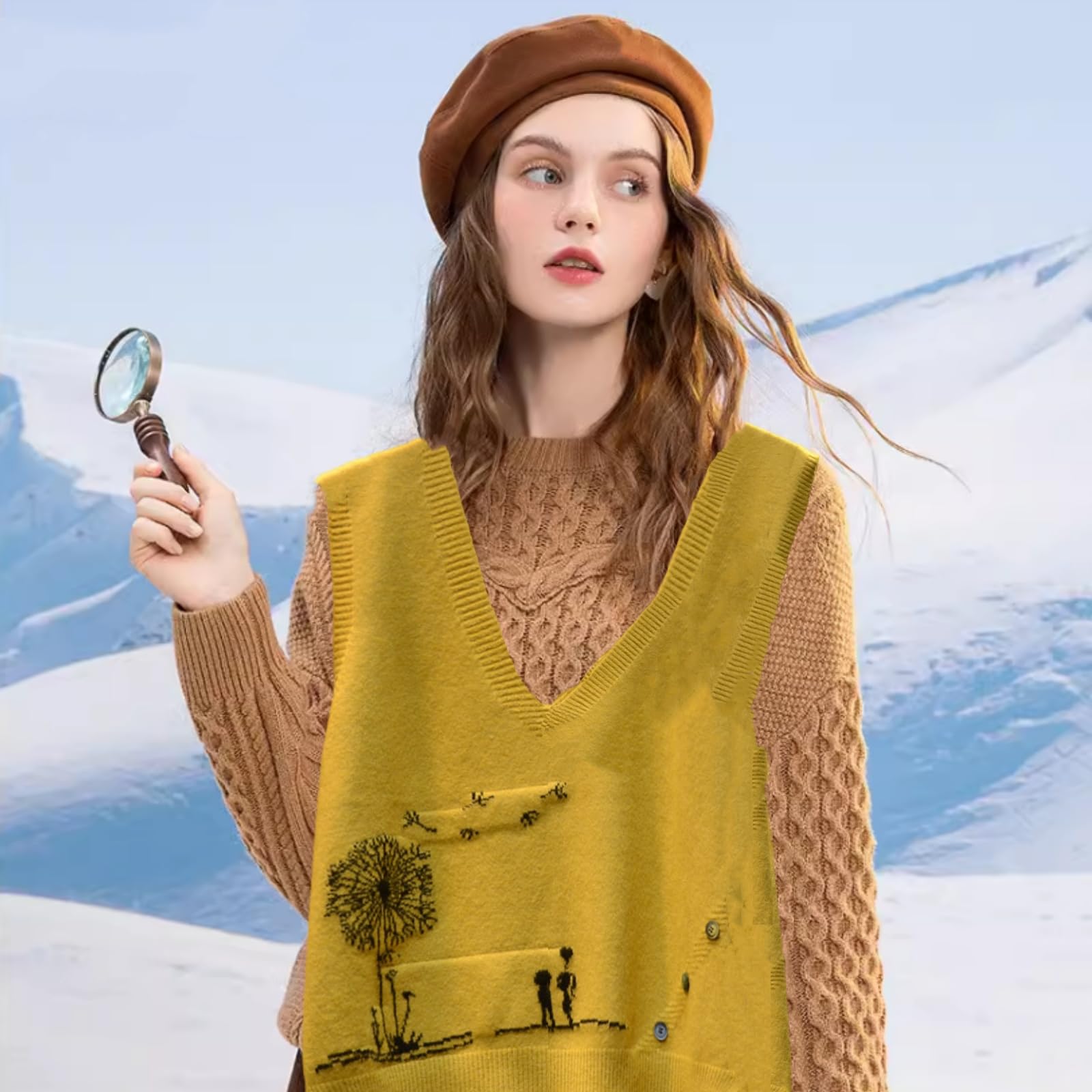 Dawwoti Femmes Tricoté sans Manches Pulls Floral Motif Chandail Gilets Col V Gilets Gilet Top
