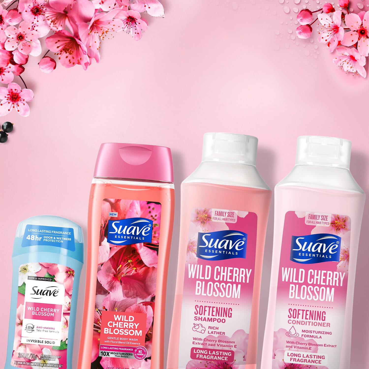Suave Shampoo, Conditioner & Body Wash 2-Pack + Invisible Solid Antiperspirant Deodorant for Women, Wild Cherry Blossom, 48H Protection