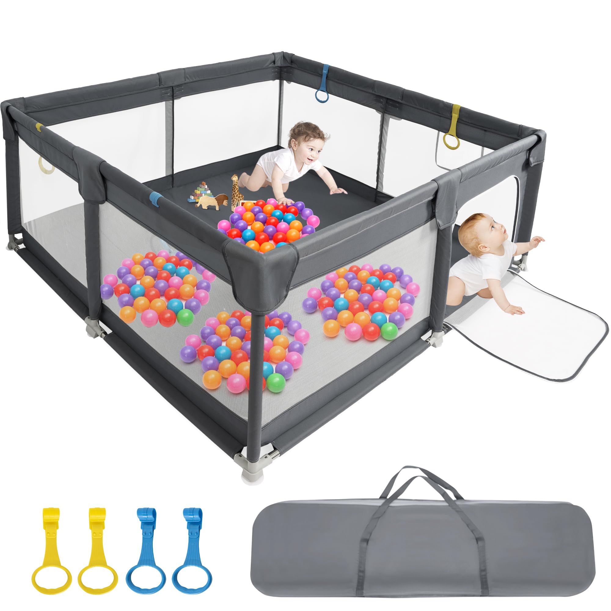OUUTMEE Laufstall Großer Babyzaun,Laufstall mit rutschfester Basis, Grauschwarz 150x150cm