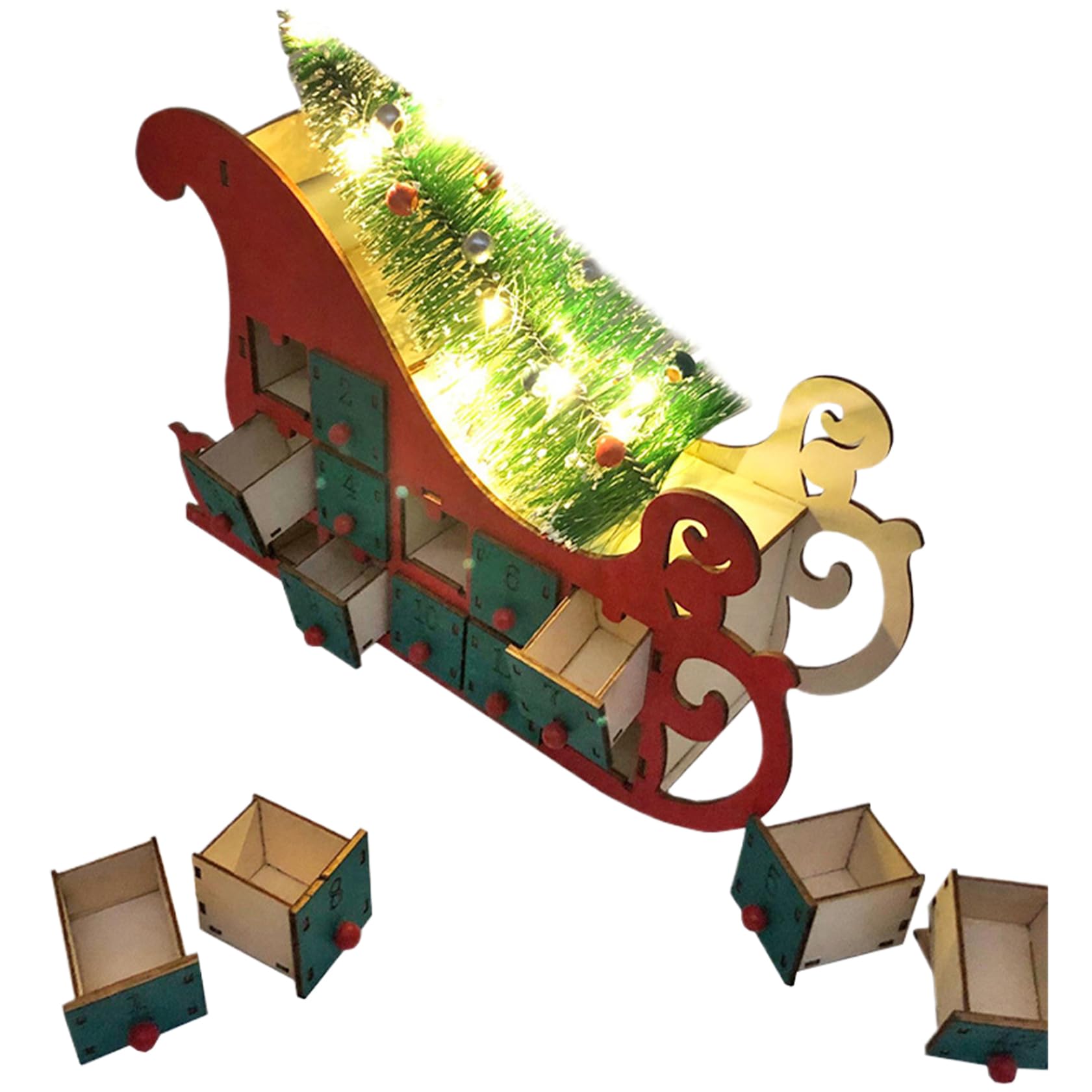 Calendario dell'avvento di Natale Calendario dell'avvento in legno a forma di slitta con albero di Natale e 24 cassetti vuoti Calendario del conto alla rovescia di Natale per bambini adulti, rosso,