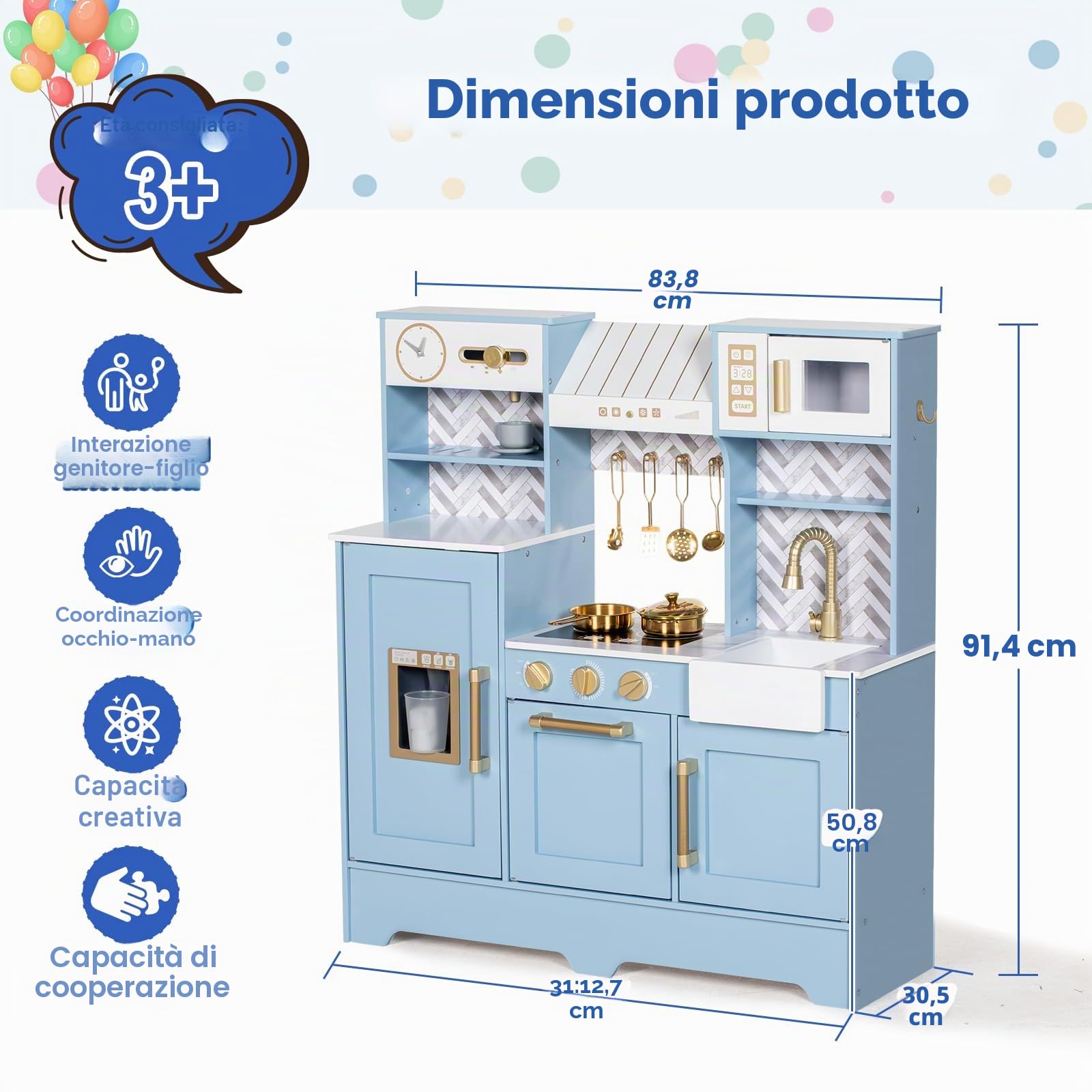 BRINJOY Cucina per bambini, in legno, set da cucina con tende, macchina da caffè, scaffalatura, fornello, lavandino, stoviglie, luce e suono, regalo per ragazze e ragazzi (blu)