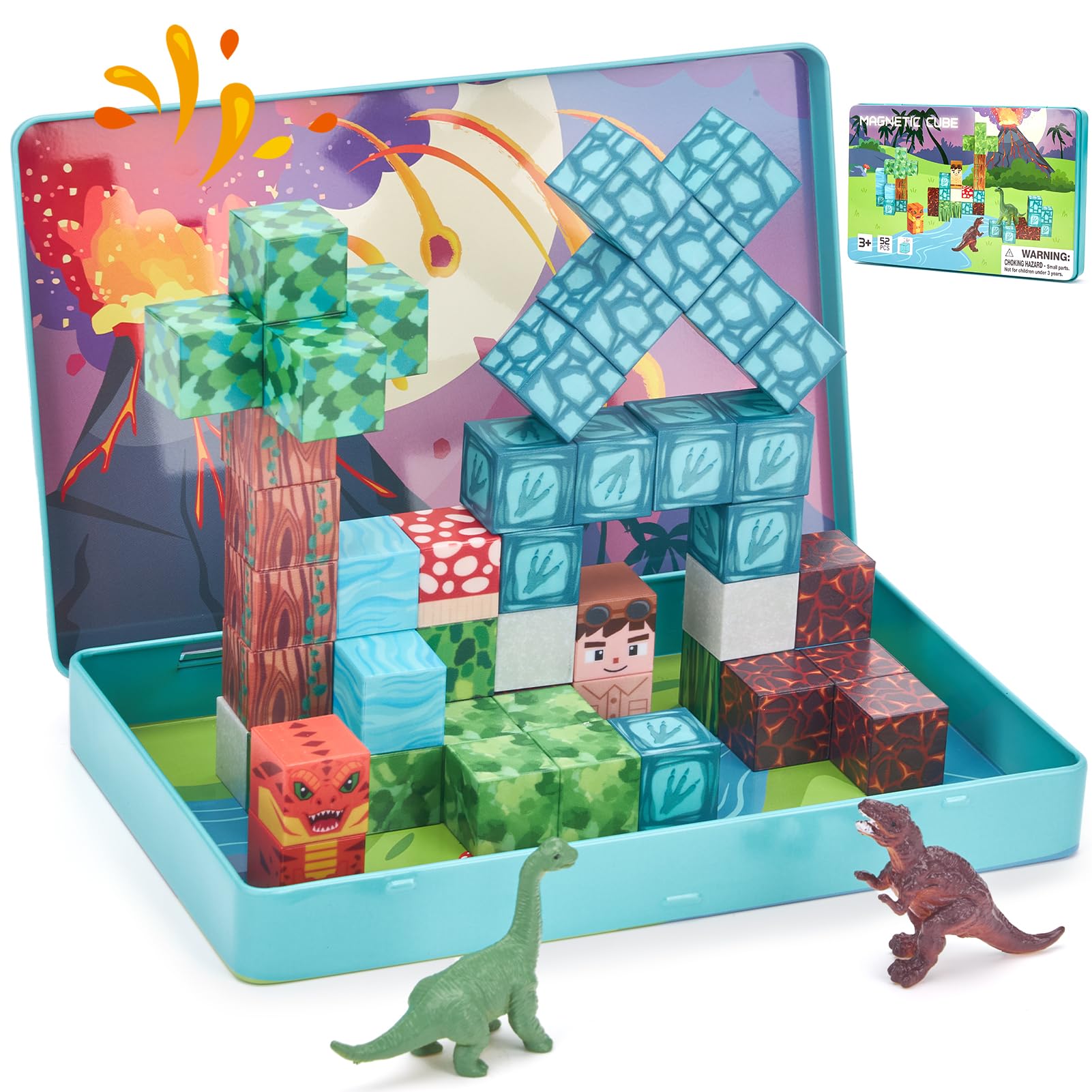 hahaland Mini Magnetische Bausteine ab 3 Jahre, A5 Reiseset mit 48 Magnetic Building Blocks & 2 Dino-Figuren, STEM Montessori Spielzeug ab 3-5 für Auto Unterwegs, Magnetbausteine ab 3 Jahre Geschenke
