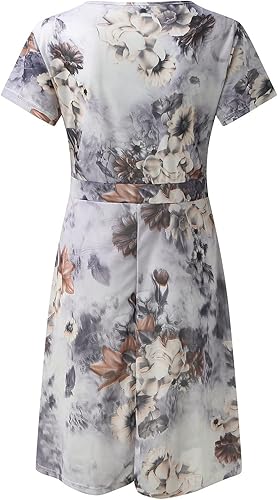 Miniatura 5 de OJinShaWanO Holiday Dresses for Women Casual O Neck Short Sleeve Bohemian Floral Print Plain Fit Simple T Petite Dresses