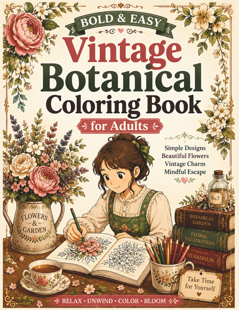 Bold & Easy Vintage Botanical Coloring Book for Adults: Simple Floral Designs, Cottagecore Gardens, Antique Blooms & Relaxing Nature Scenes for Stress Relief