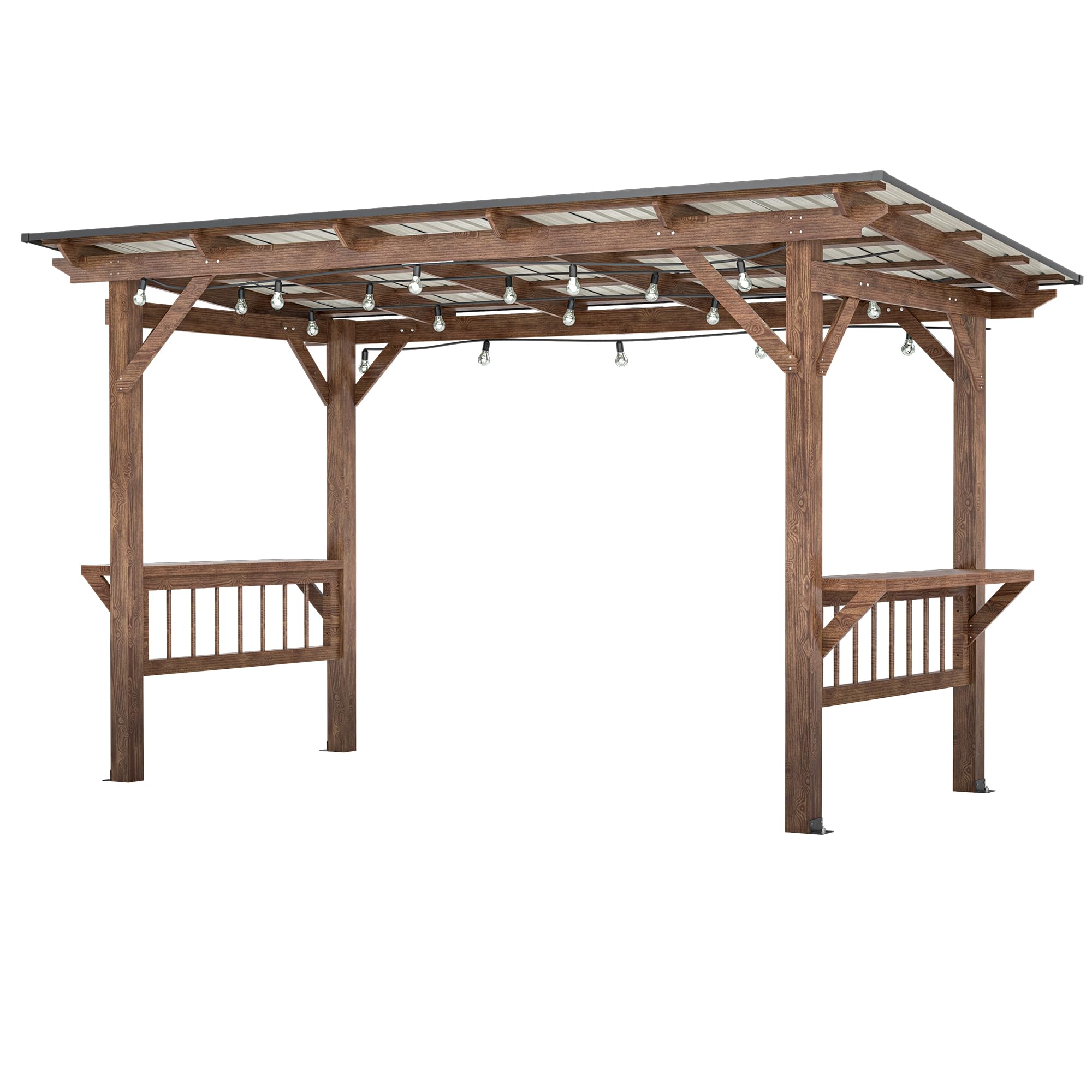 13' x 6.5' Wooden Pergola Grill Gazebo with Metal Roof, Bar Counters & String Lights - Outdoor Patio Shelter for BBQ, Backyard, Lawn & Poolside - Fir