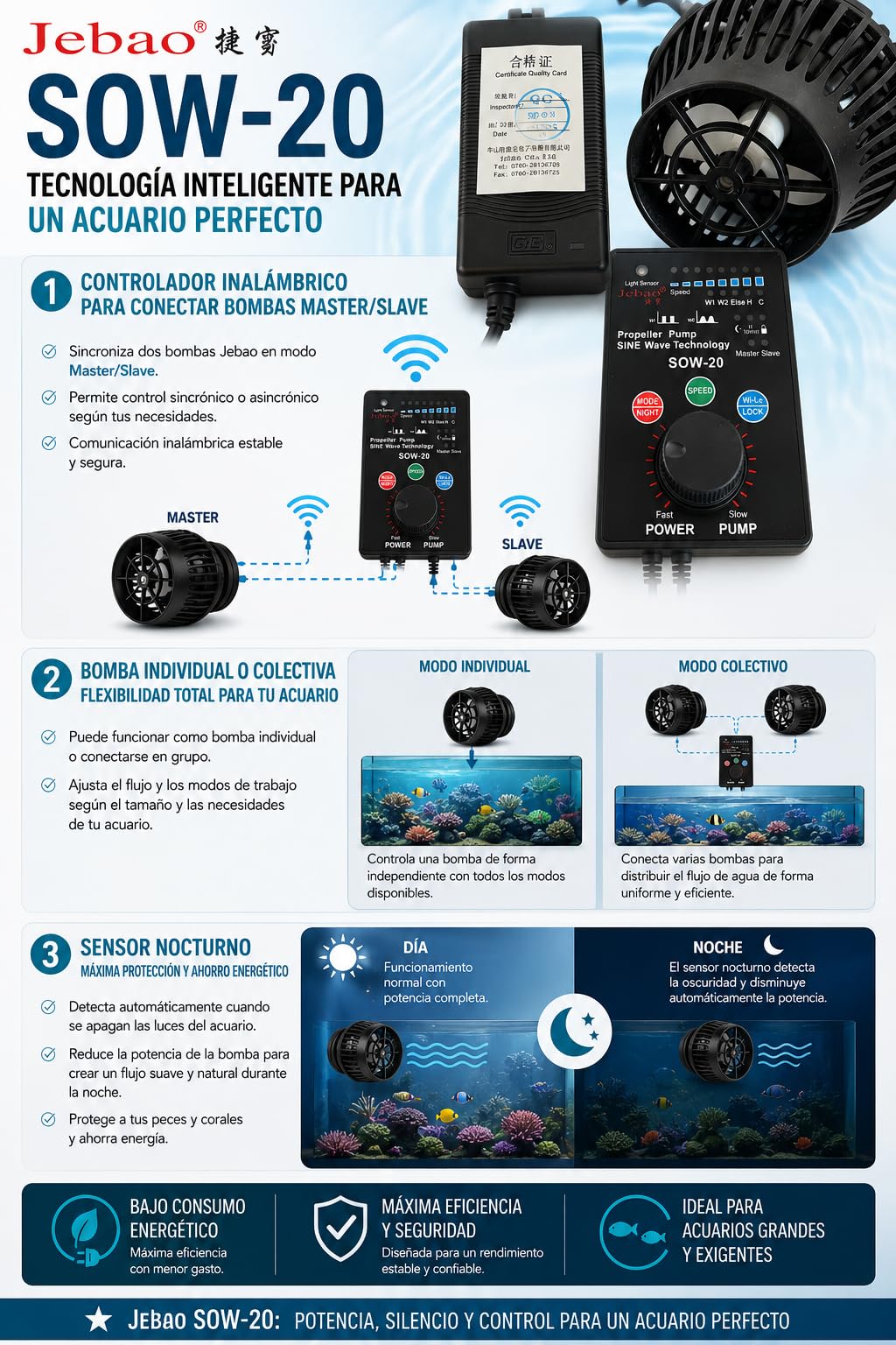 Bomba de agua para acuario SOW-20 Jebao de circulación potente, silenciosa, controlable (de 1700 a 20000 l/h)