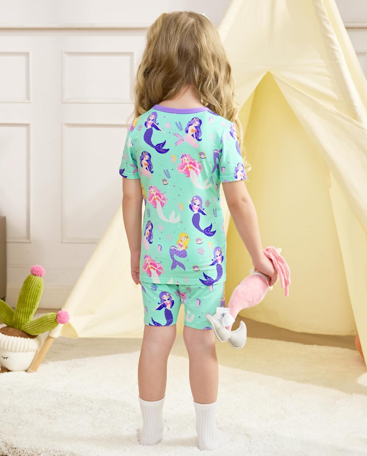 babee Reshinee Bamboo Viscose Toddler Unicorn Mermaid Girls Kids Pajamas Short Sleeve Summer Cool Snug fit Pjs 12M-8Y 2pcs