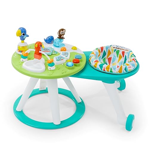 Bright Starts Around We Go 2-en-1 Baby Walker, Centro de Actividades y Mesa de Descubrimiento, Tropical Cool, Edades 6 Meses+
