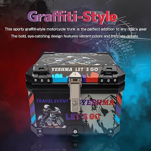 Miniatura 6 de YESHMA Funda superior para motocicleta, caja universal de cola de motocicleta de 45 L, estilo graffiti deportivo, caja superior de motocicleta con