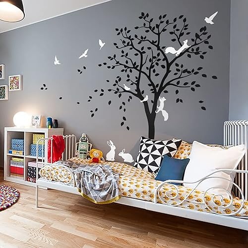 Adhesivo decorativo para pared de árbol grande con pájaros, ardillas y conejos, conejos, decoración mural de guardería 095 (negro, blanco)